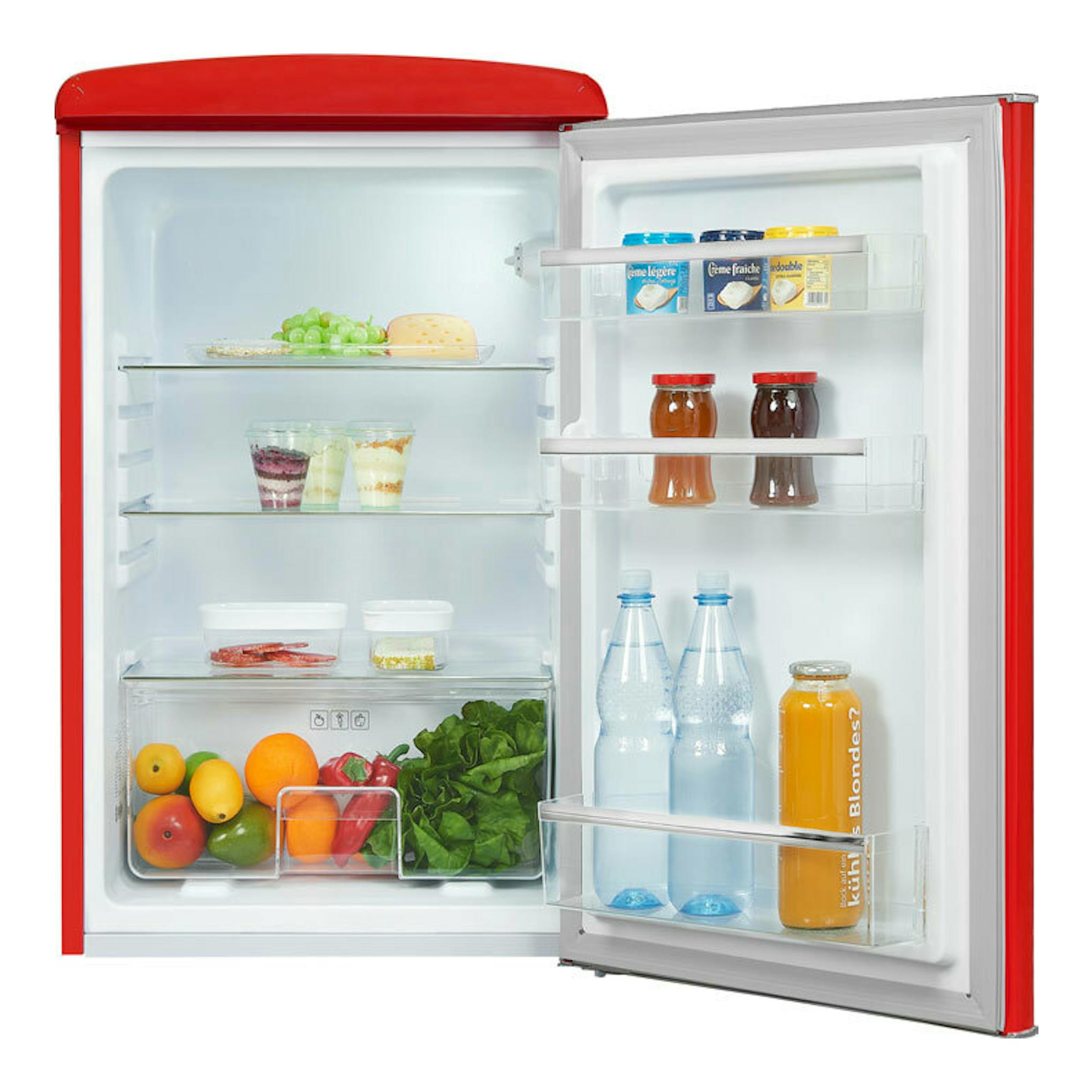 Frigorífico Exquisit RKS120-V-H-160F rojo, con la puerta abierta en vista frontal y estantes con alimentos.