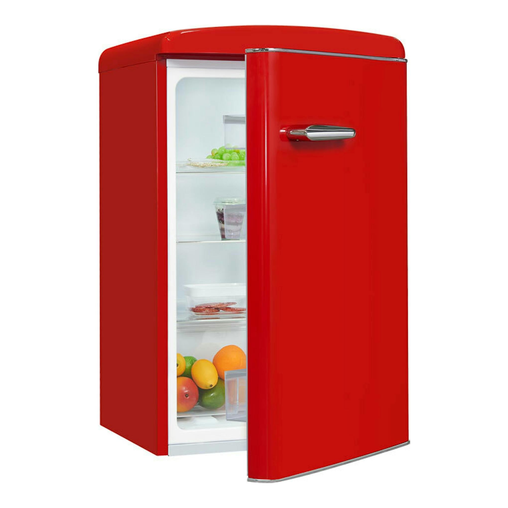 Frigorífico Exquisit RKS120-V-H-160F rojo, vista frontal en 3/4, con la puerta abierta