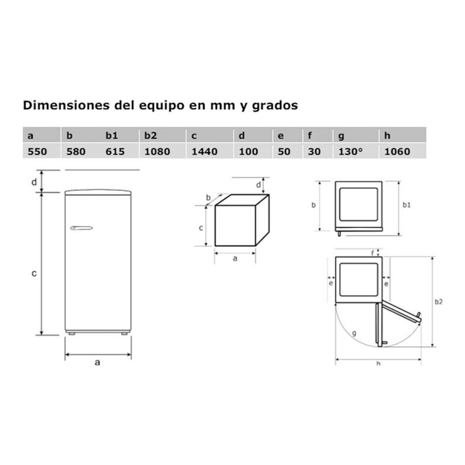 Esquema de dimensiones del frigorífico Exquisit RKS325-V-H-160E, con vistas frontal, lateral y superior.