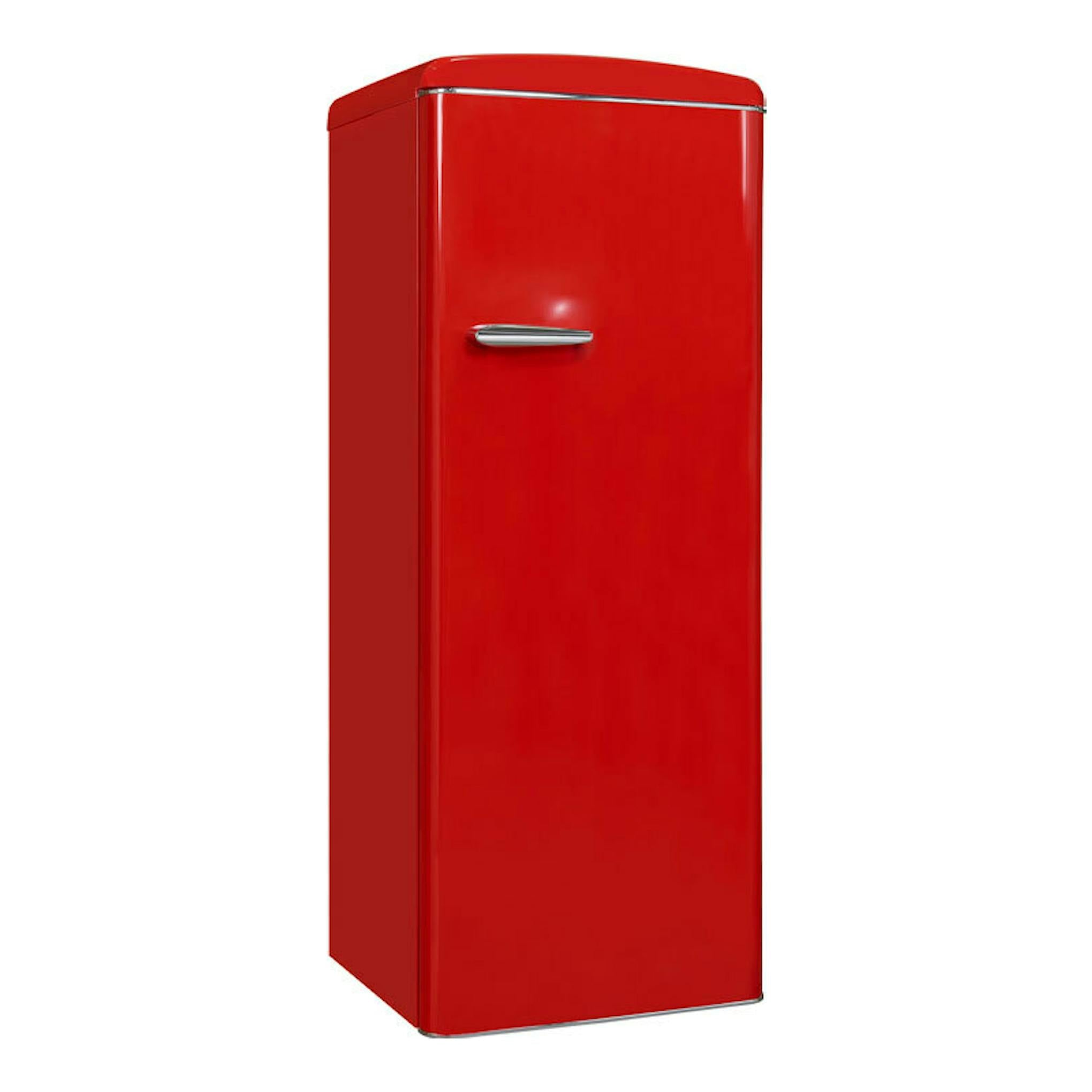 Frigorífico Exquisit RKS325-V-H-160E rojo, vista frontal en ángulo, de una puerta.