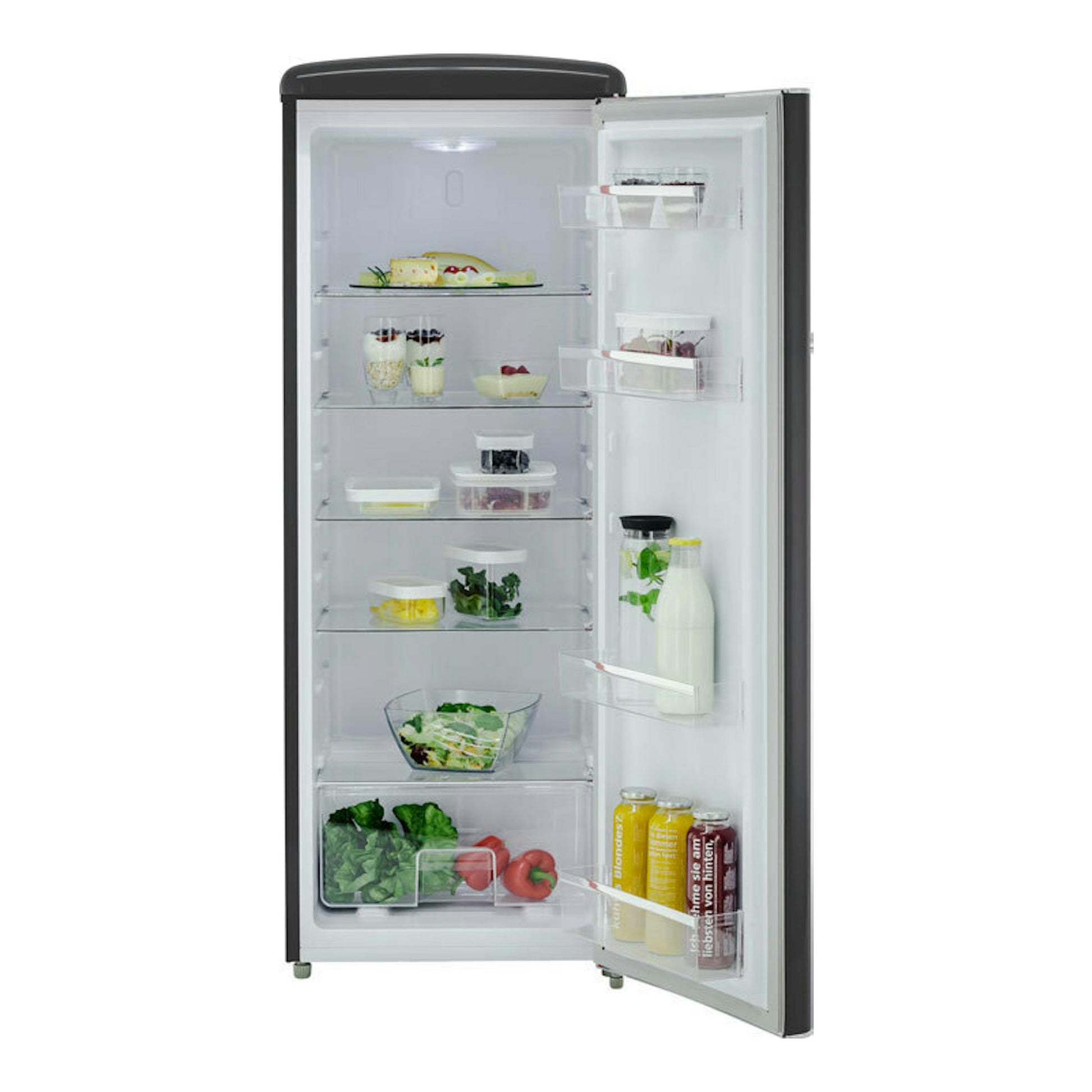 Frigorífico Exquisit RKS325-V-H-161E negro mate, vista frontal con la puerta abierta y estantes interiores visibles.