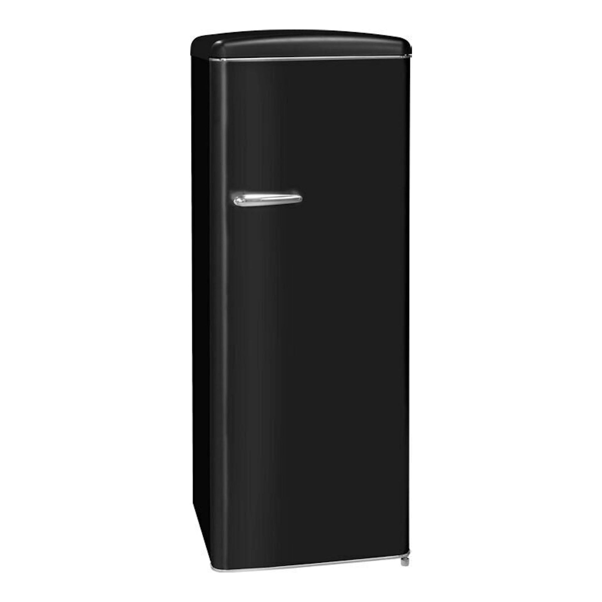 Frigorífico Exquisit RKS325-V-H-161E negro mate, vista frontal ligeramente en ángulo, una puerta y tirador cromado.