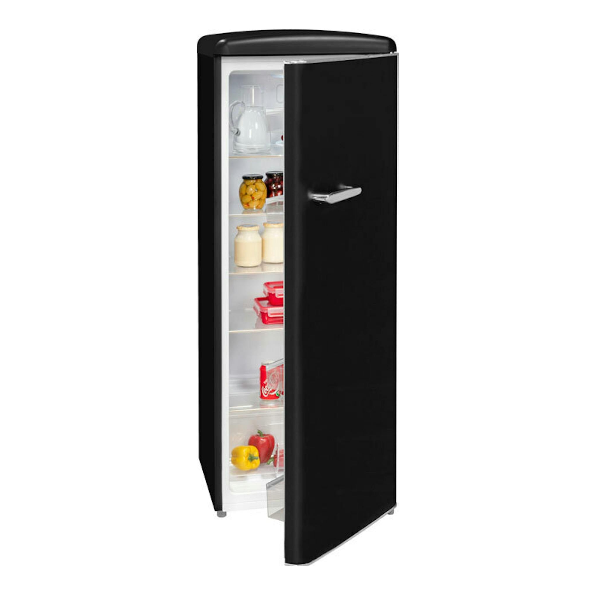 Frigorífico Exquisit RKS325-V-H-161E negro mate, vista frontal en ángulo con la puerta abierta.
