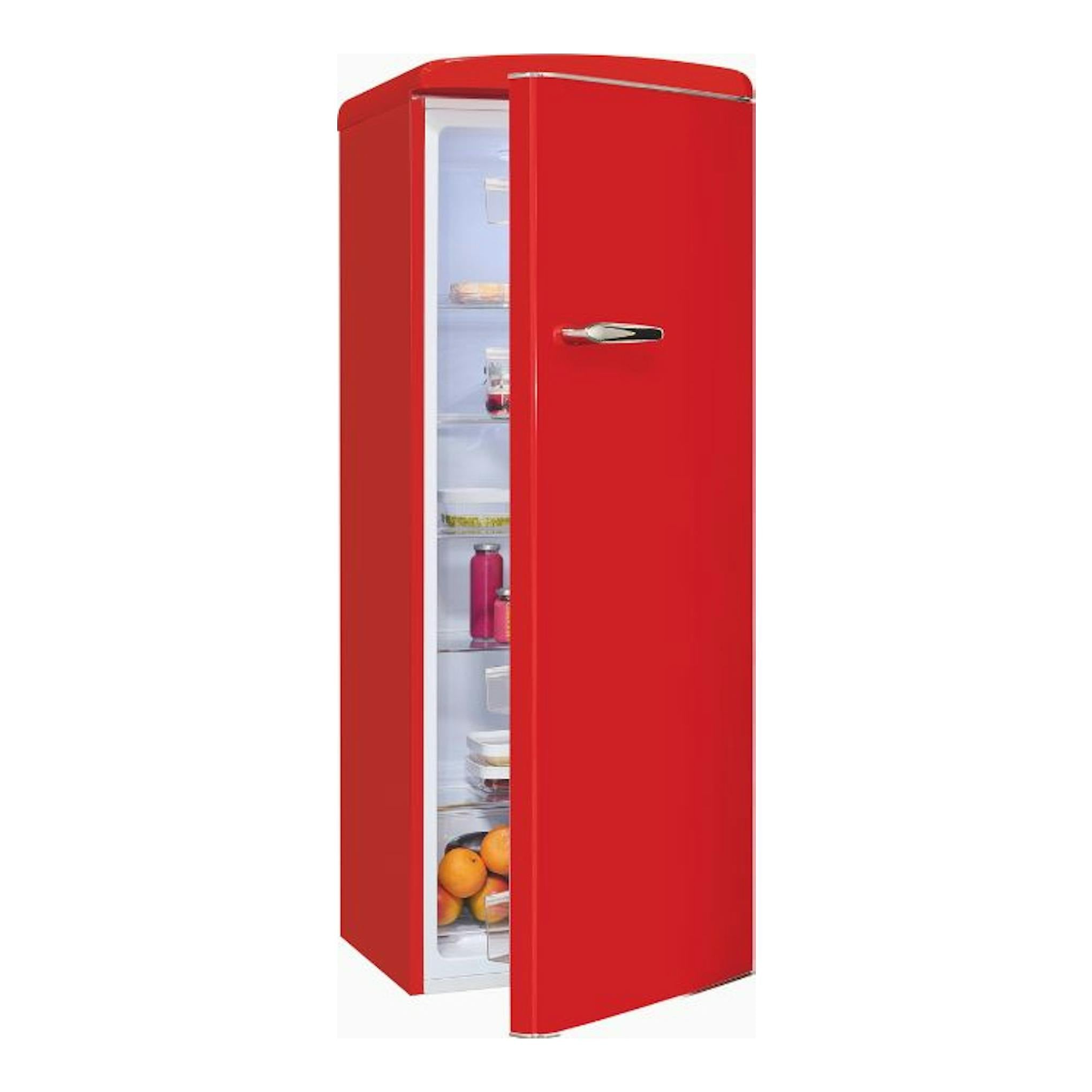 Frigorífico Exquisit RKS325-V-H-161E rojo, de una puerta, vista frontal con la puerta abierta.