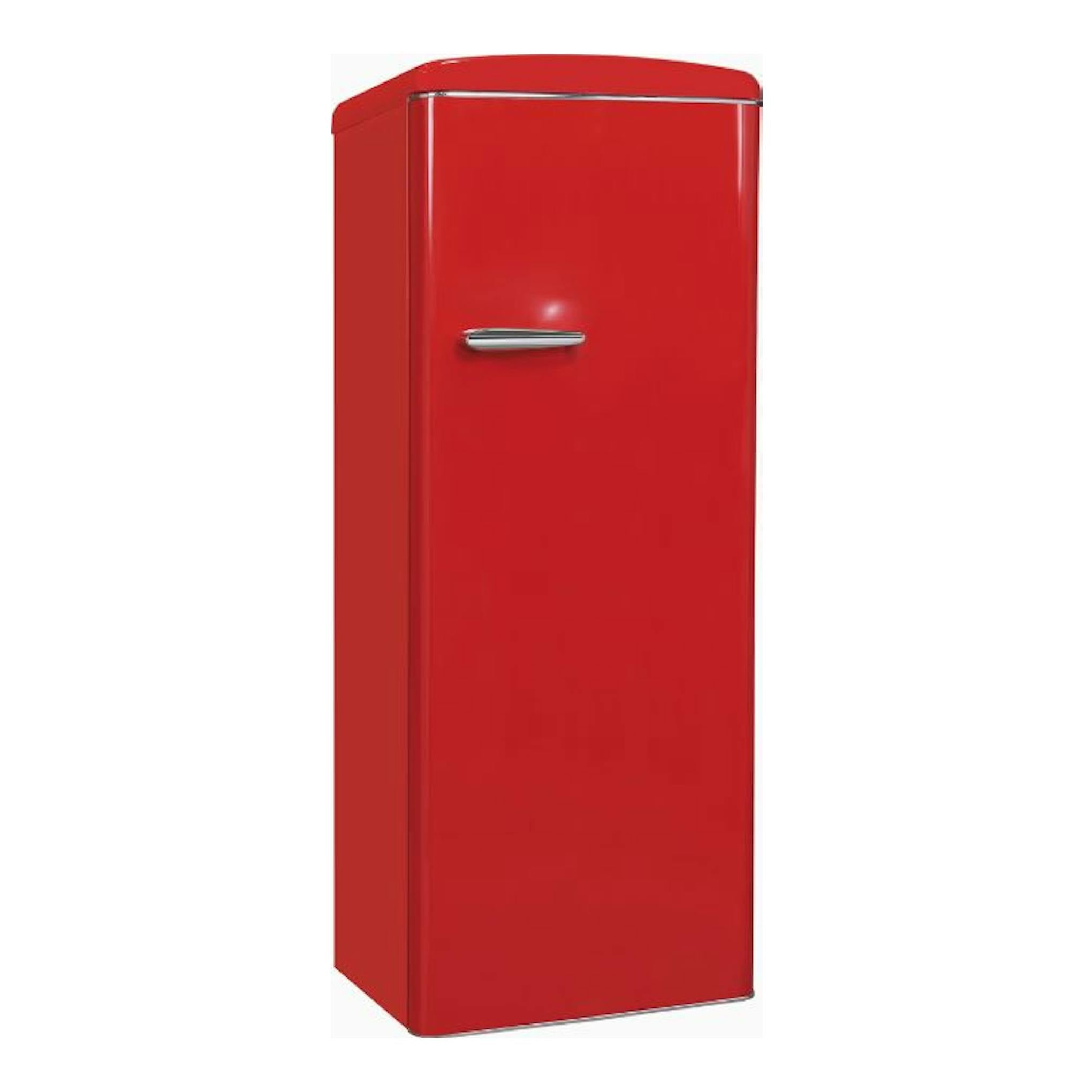 Frigorífico Exquisit RKS325-V-H-161E rojo, de una puerta, vista frontal ligeramente lateral.