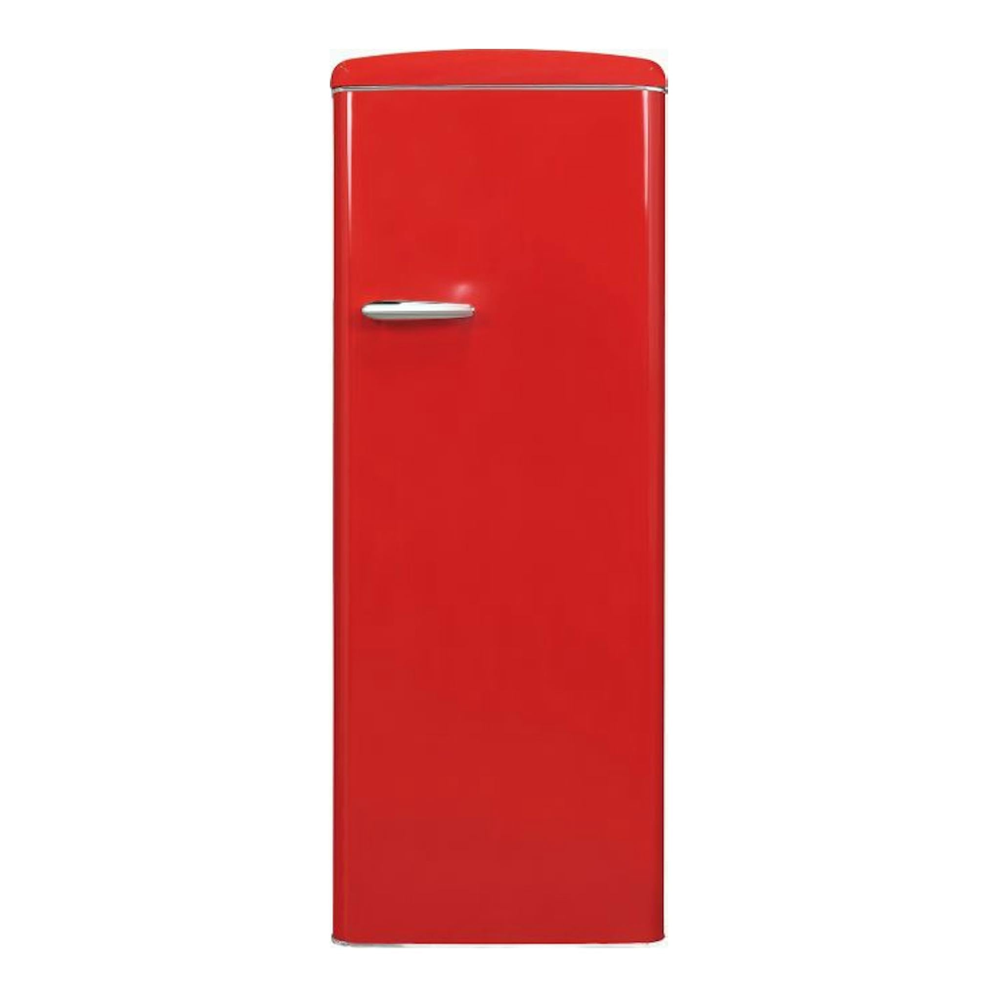 Frigorífico Exquisit RKS325-V-H-161E rojo, vista frontal, una puerta con tirador plateado.