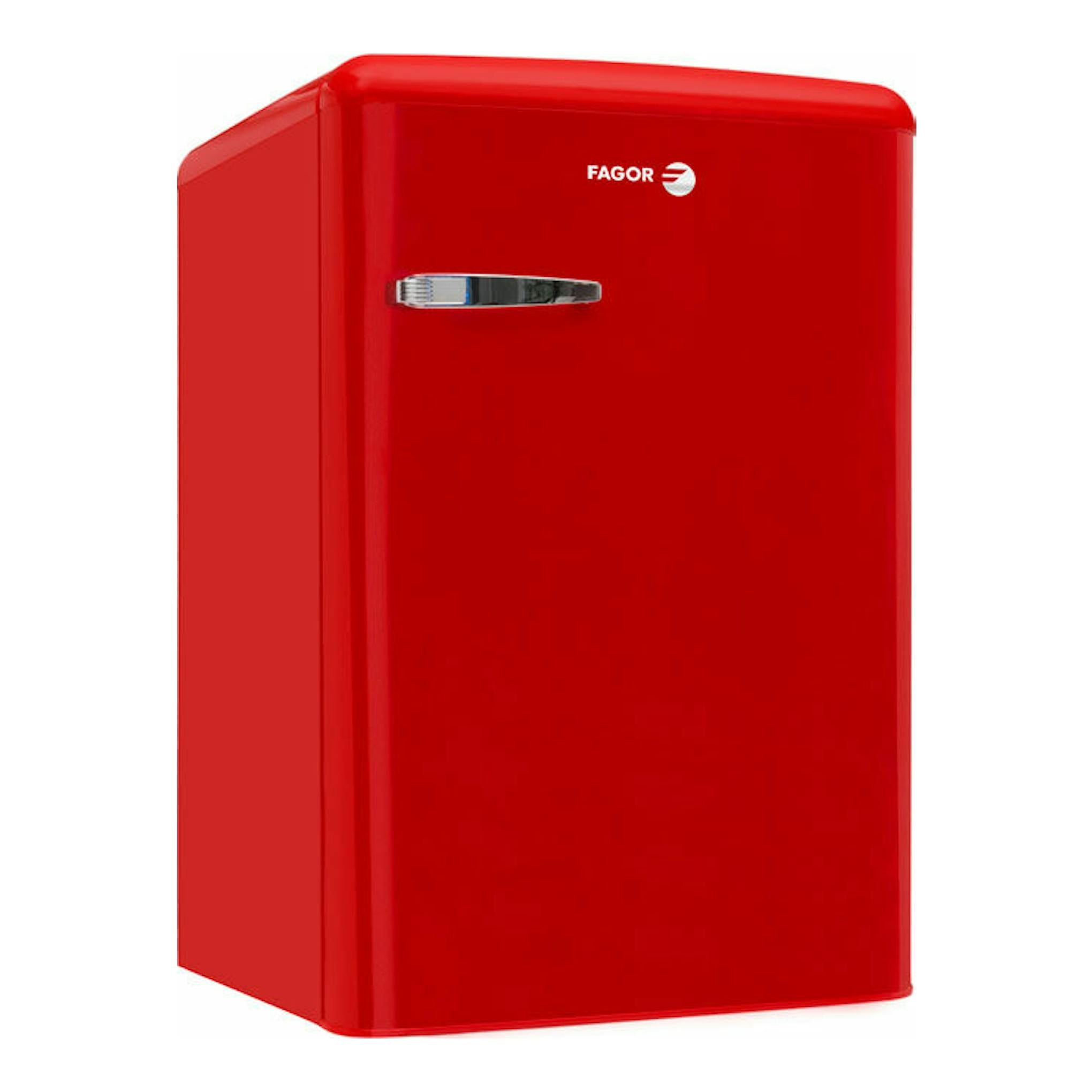 Frigorífico rojo Fagor de una puerta, vista frontal ligeramente lateral, con tirador cromado.