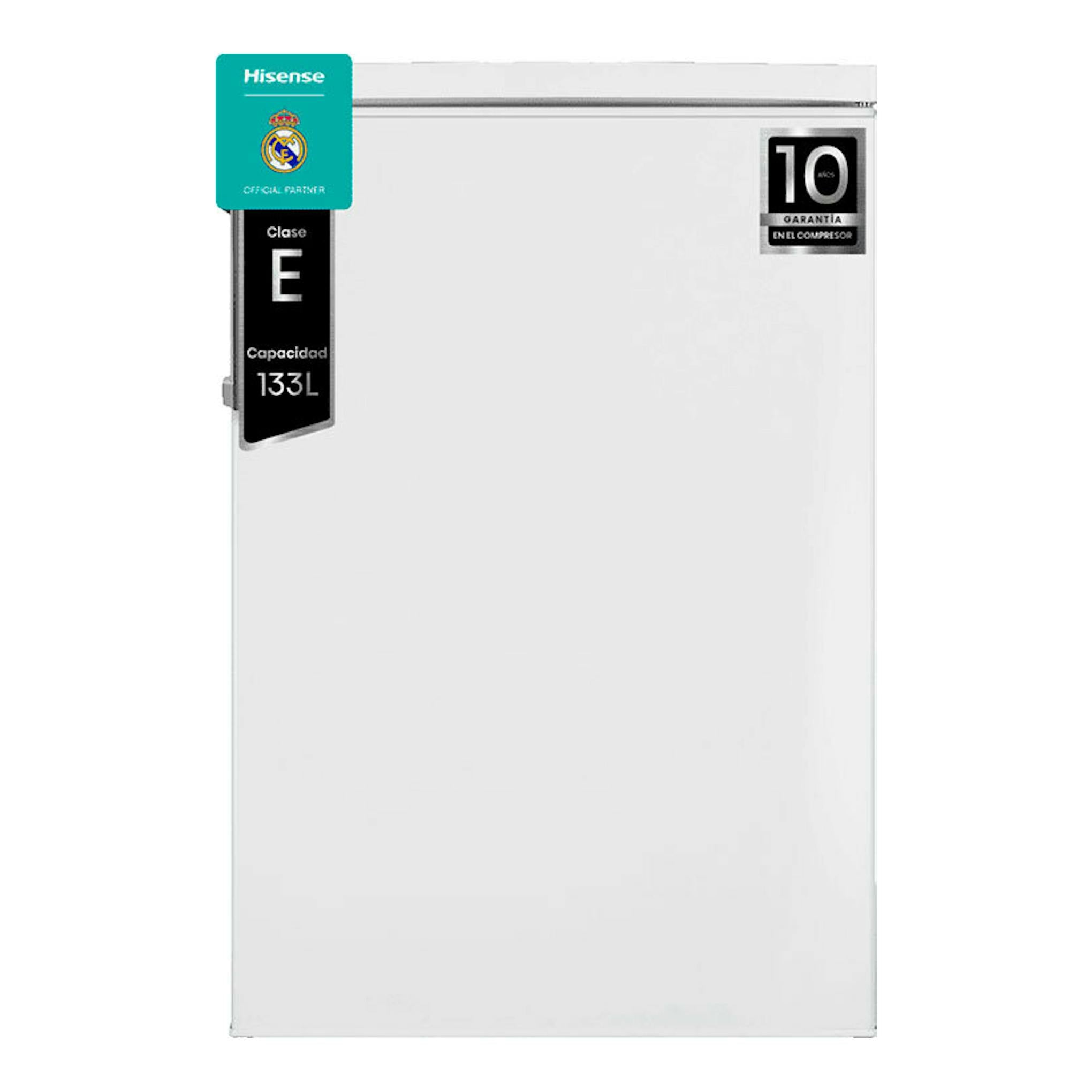Frigorífico Hisense RL170D4BWE blanco, vista frontal, una puerta, con etiquetas de clase E y 133 L.