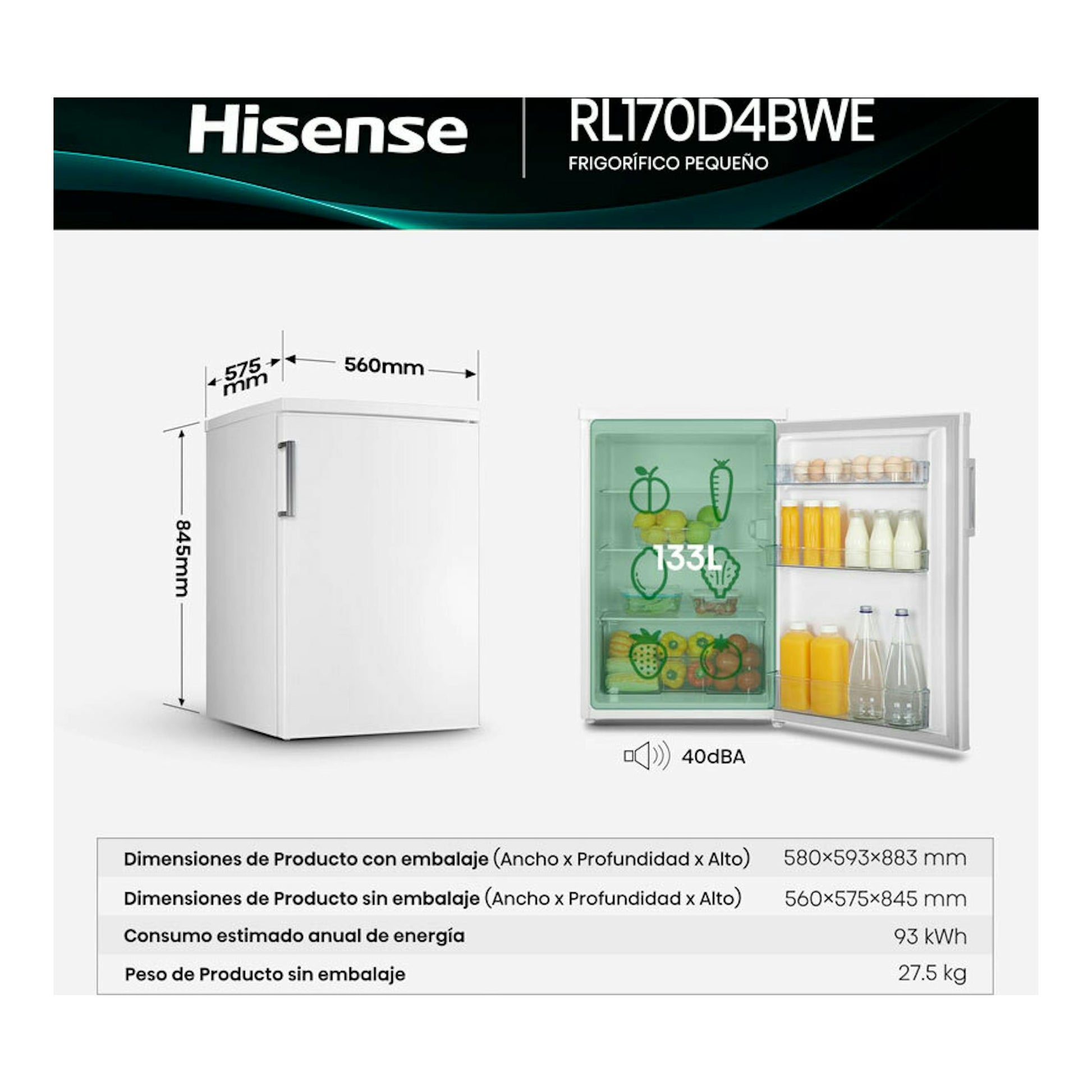 Frigorífico Hisense RL170D4BWE blanco, vista frontal y abierta, con capacidad de 133 L y medidas.