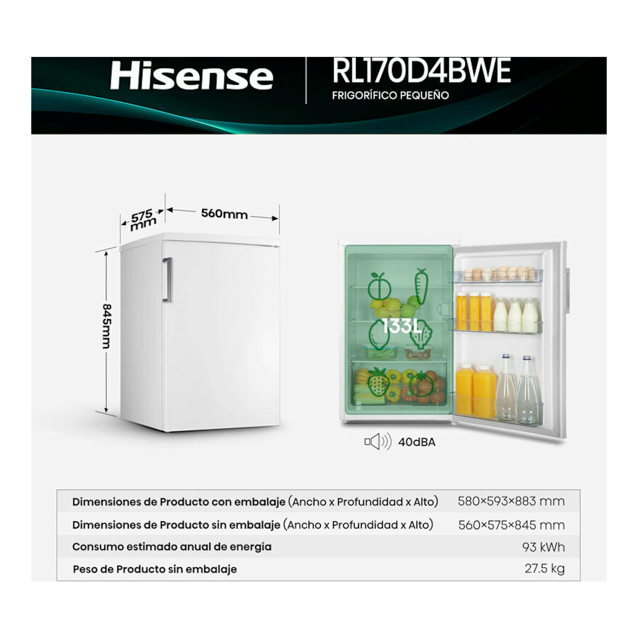 Frigorífico Hisense RL170D4BWE blanco, vista frontal y abierta, con capacidad de 133 L y medidas.