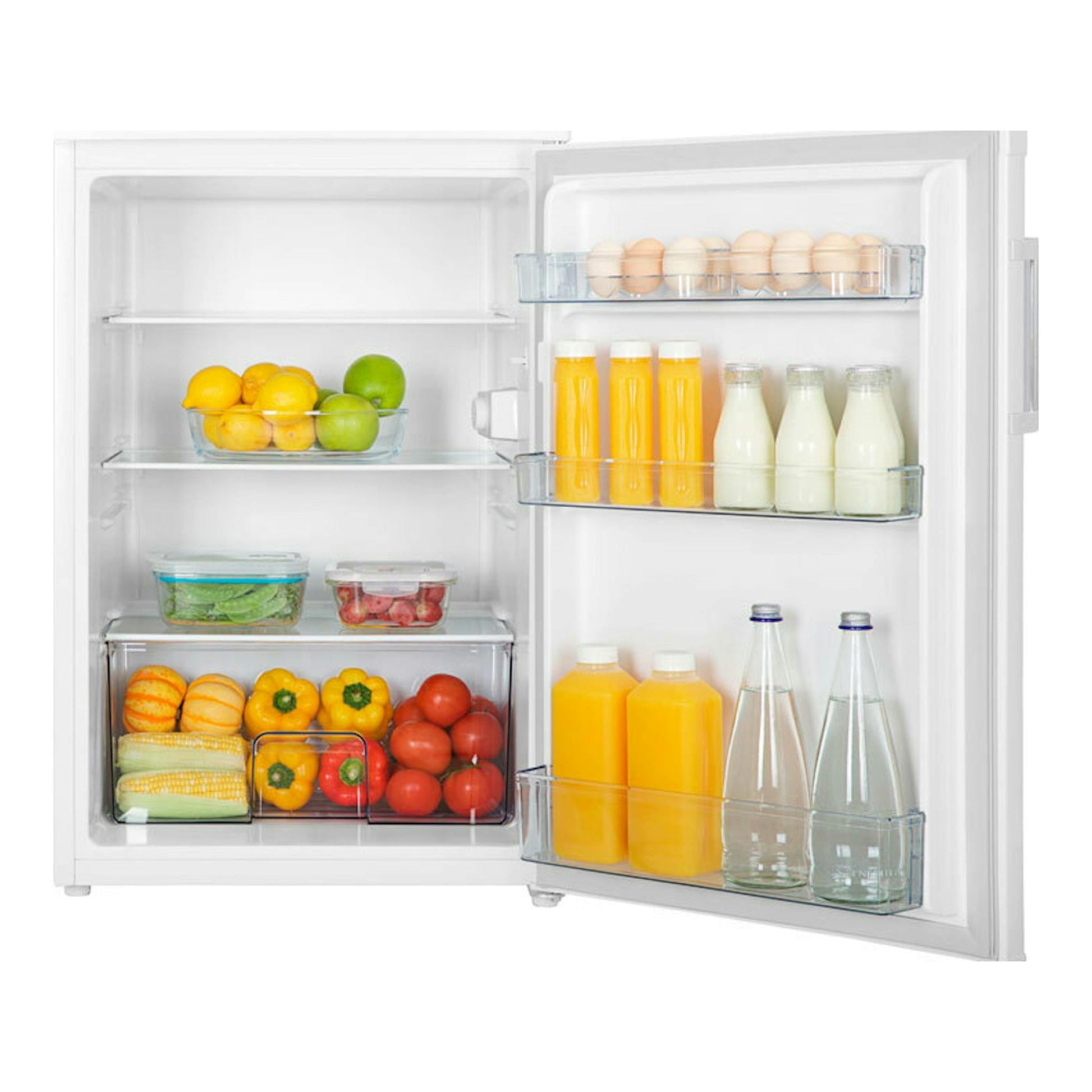 Frigorífico Hisense RL170D4BWE blanco, vista frontal con la puerta abierta y estantes interiores con alimentos.