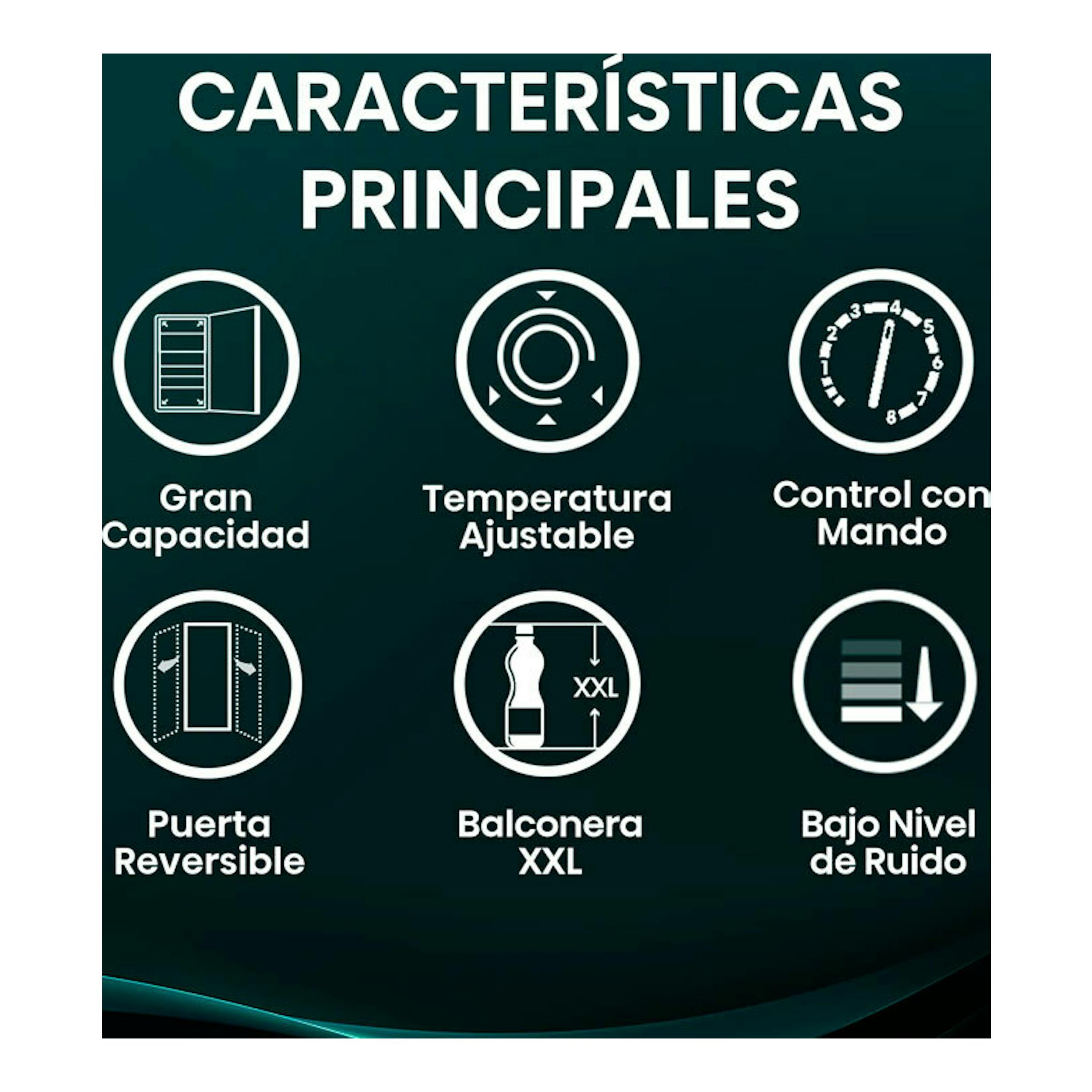 Infografía del frigorífico Hisense RL170D4BWE blanco, con iconos de capacidad, temperatura y puerta reversible.