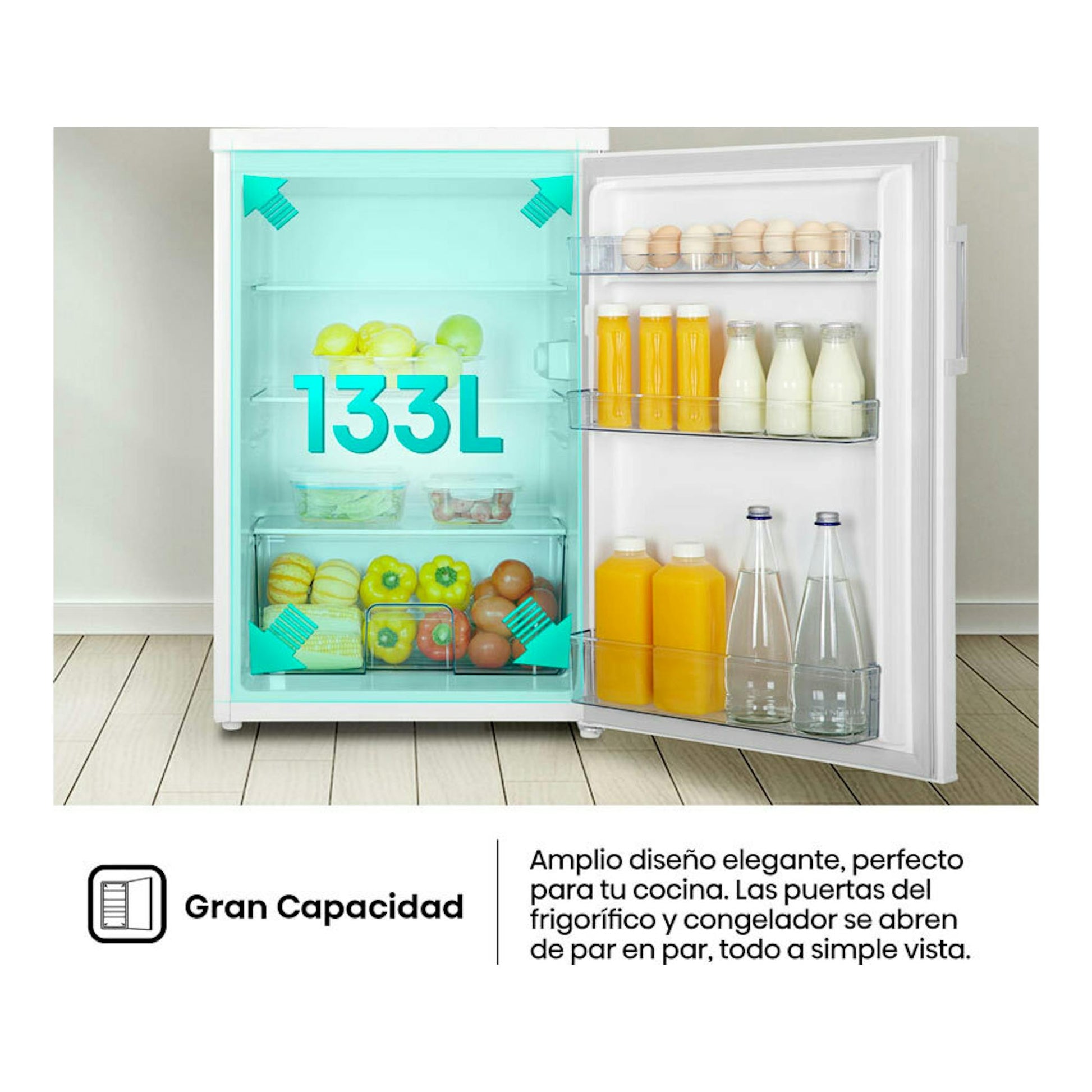 Frigorífico Hisense RL170D4BWE blanco, vista frontal con la puerta abierta y estantes interiores visibles.