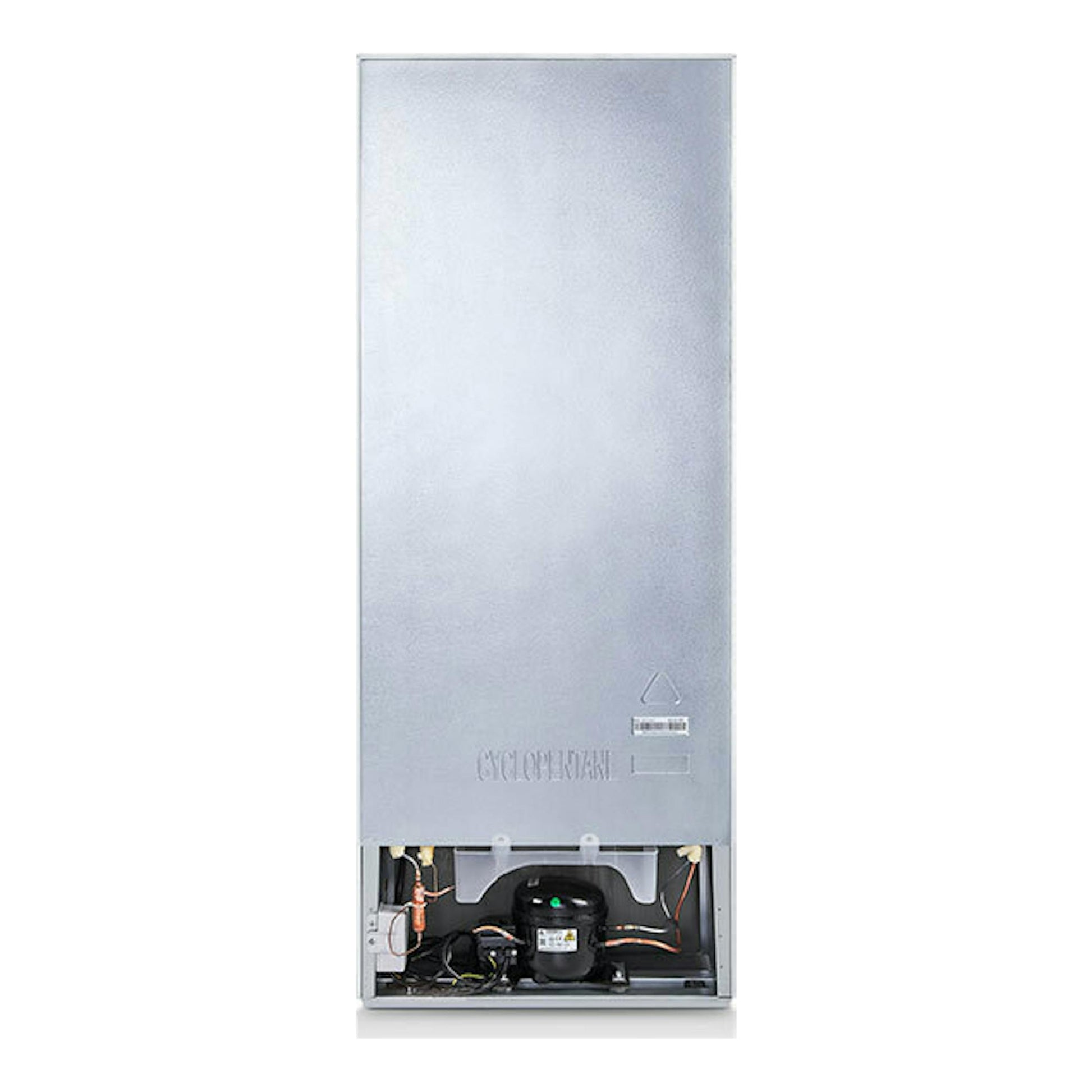 Frigorífico Hisense RL313D4AWE, vista trasera en metal gris con compartimento inferior abierto y compresor visible.