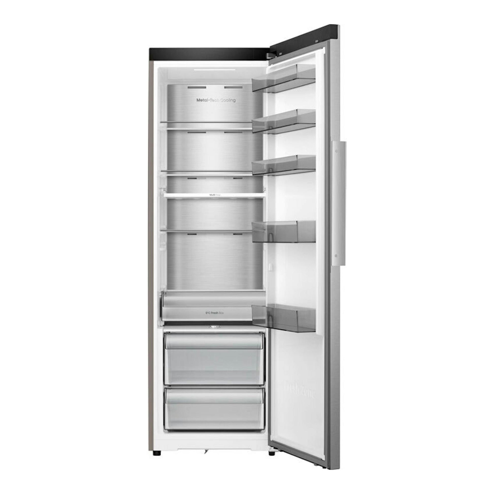 Frigorífico Hisense RL3K370SAIE inox, vista frontal en tres cuartos, con la puerta abierta y baldas interiores.