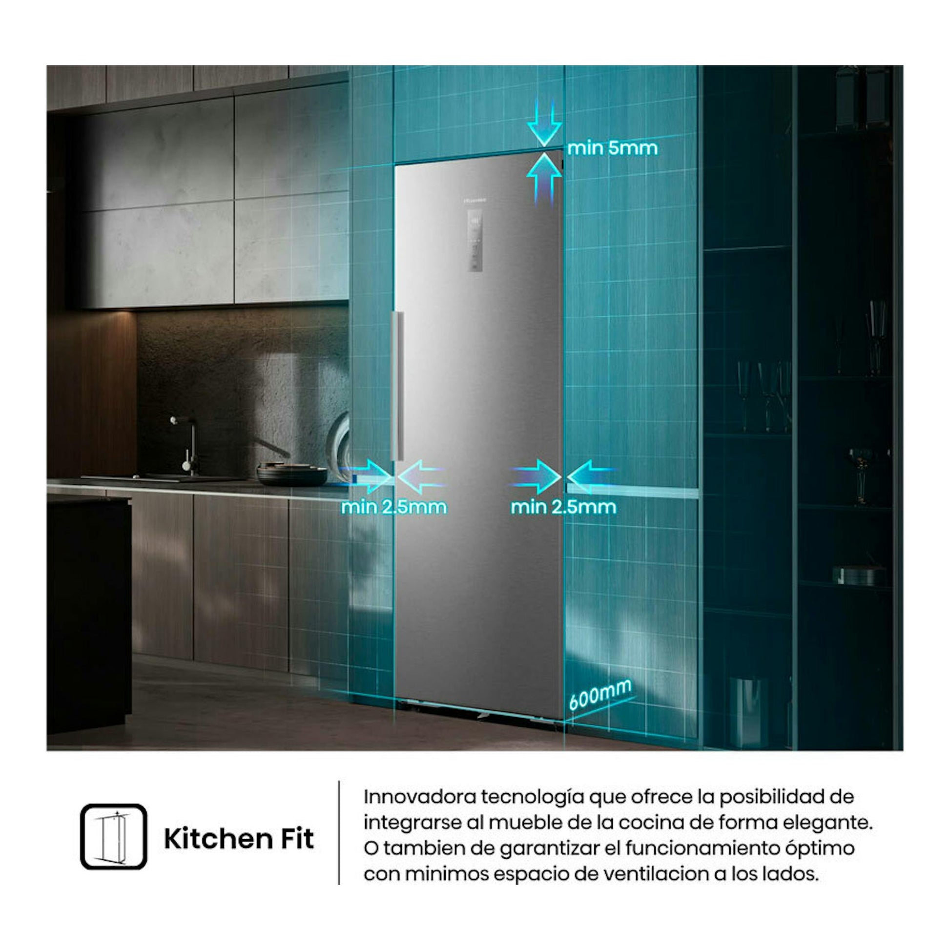 Frigorífico Hisense RL3K370SAIE inox, vista frontal en cocina, con medidas mínimas de integración.