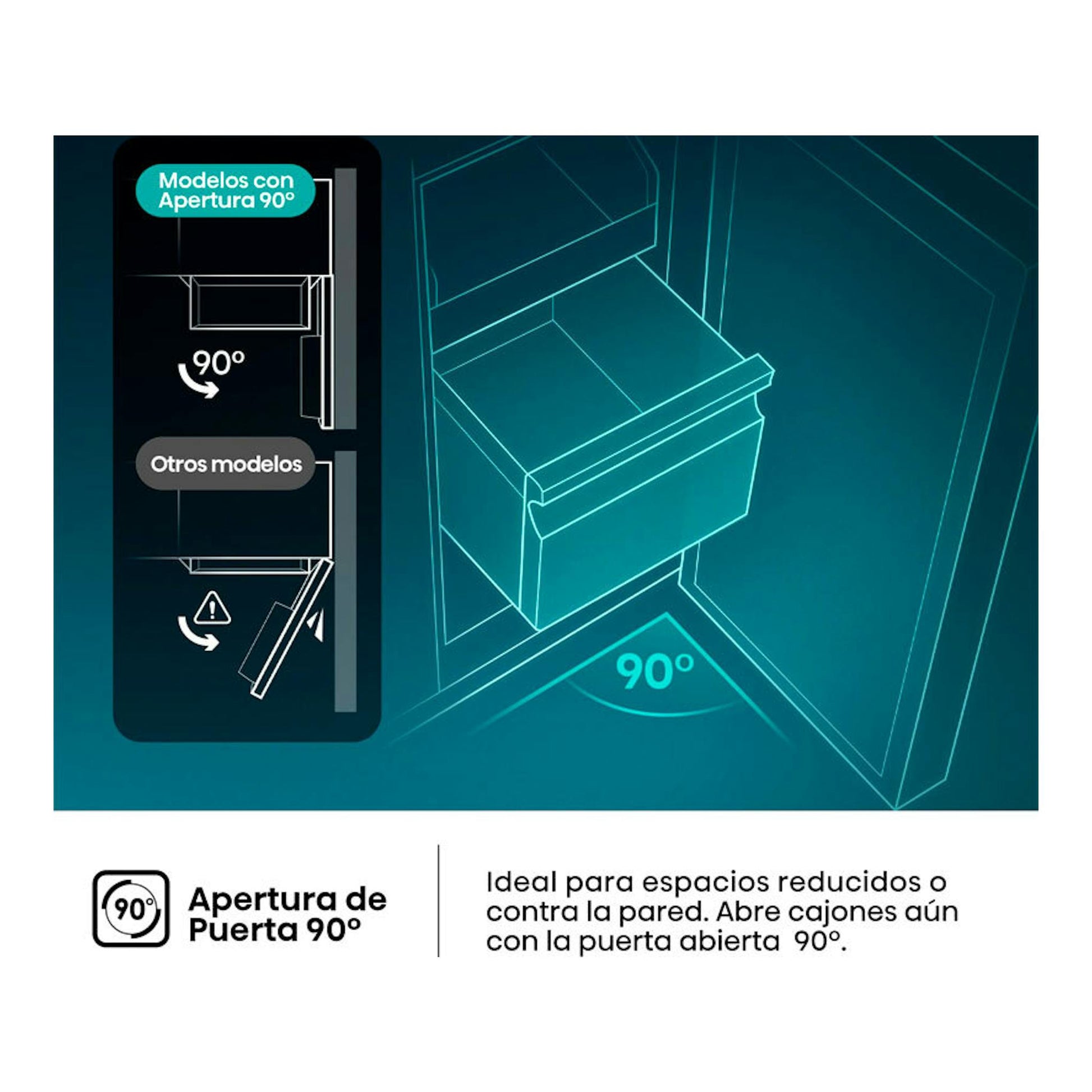 Infografía de frigorífico Hisense RL3K370SAIE1 en inox con cajón abierto a 90° junto a la pared.