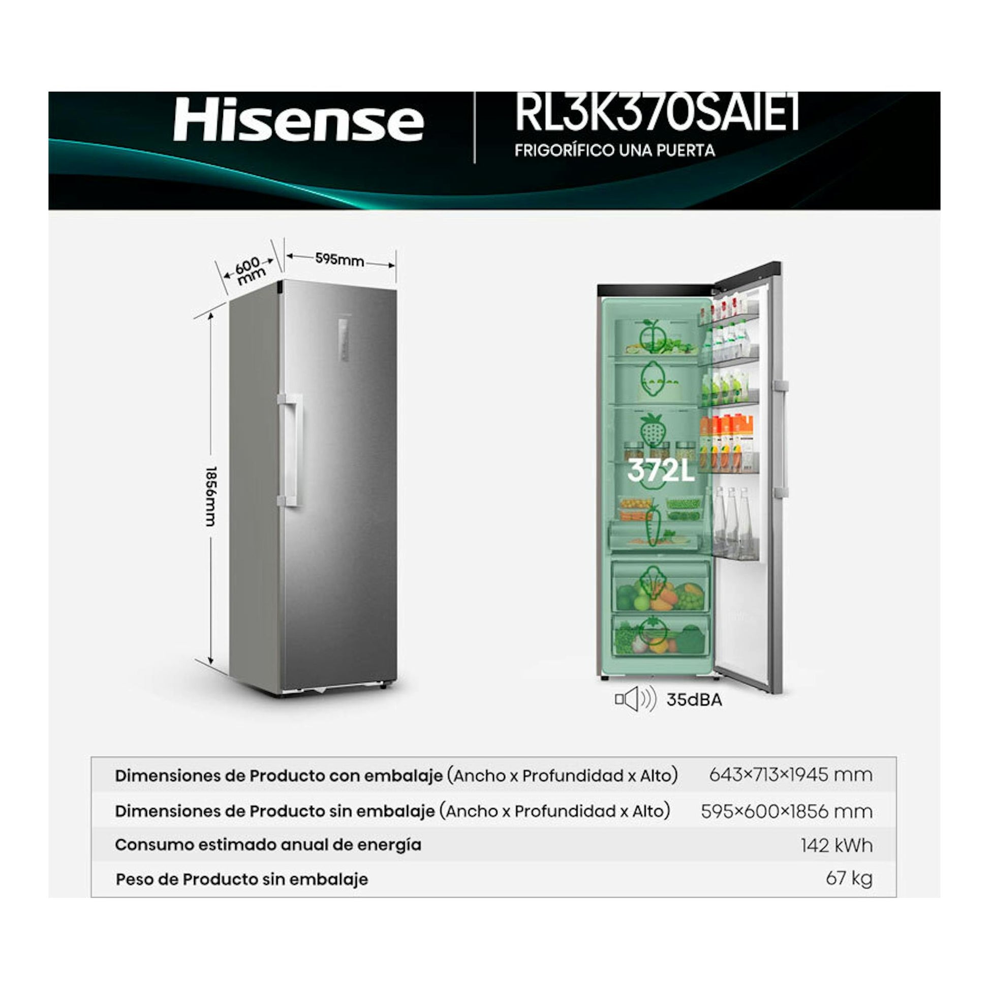 Frigorífico Hisense RL3K370SAIE1 inox, vista frontal y puerta abierta, con interior visible.