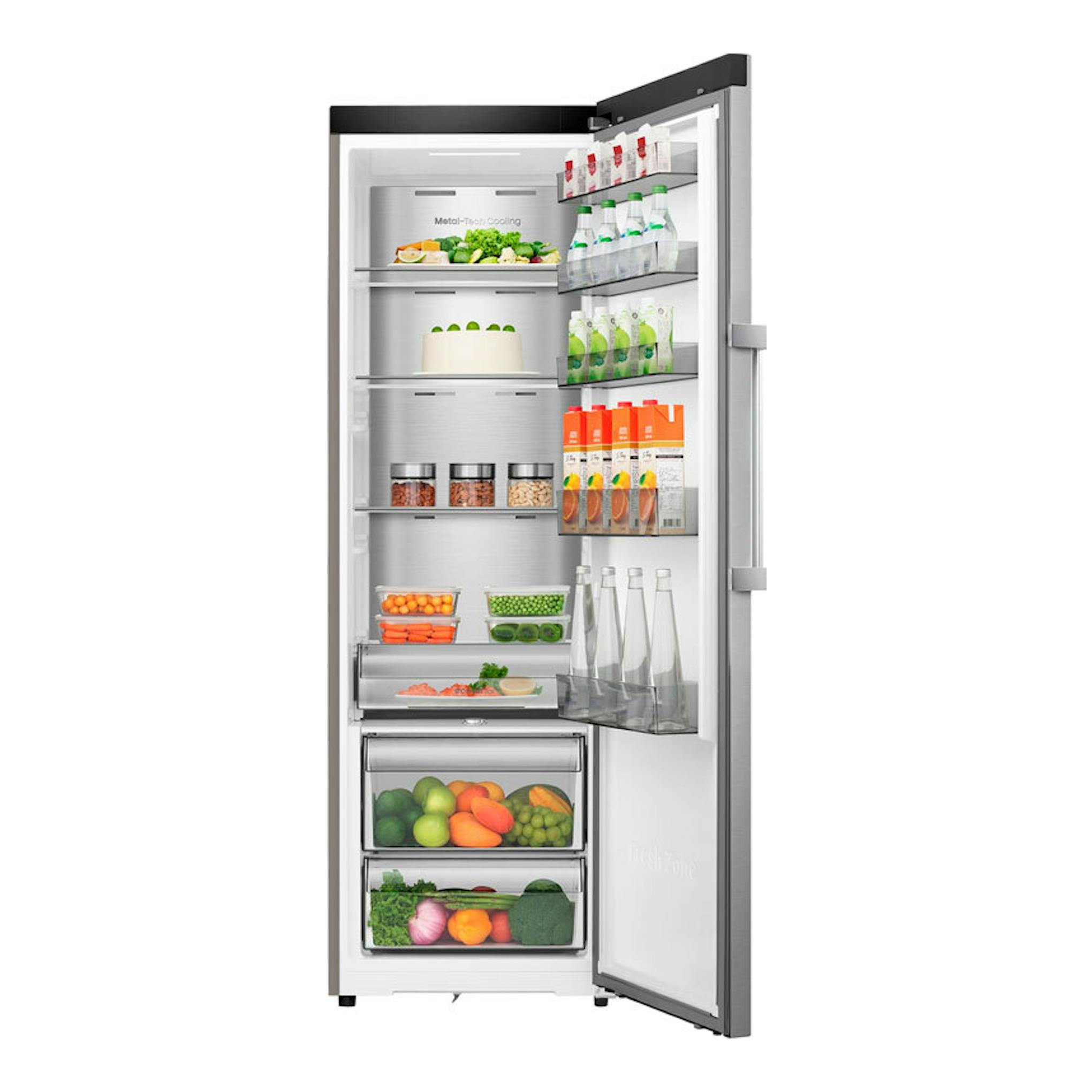 Frigorífico Hisense RL3K370SAIE1 inox, vista frontal con la puerta abierta y estantes interiores visibles.