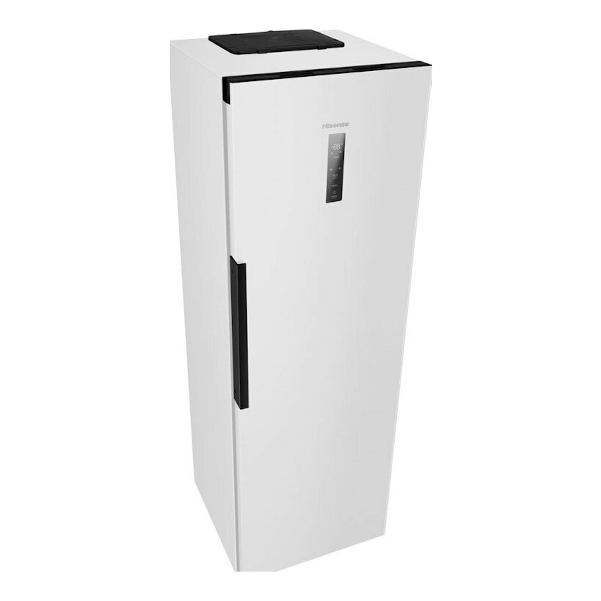 Frigorífico Hisense RL3K370SEWE blanco, vista frontal en tres cuartos, con tirador negro y panel superior negro.