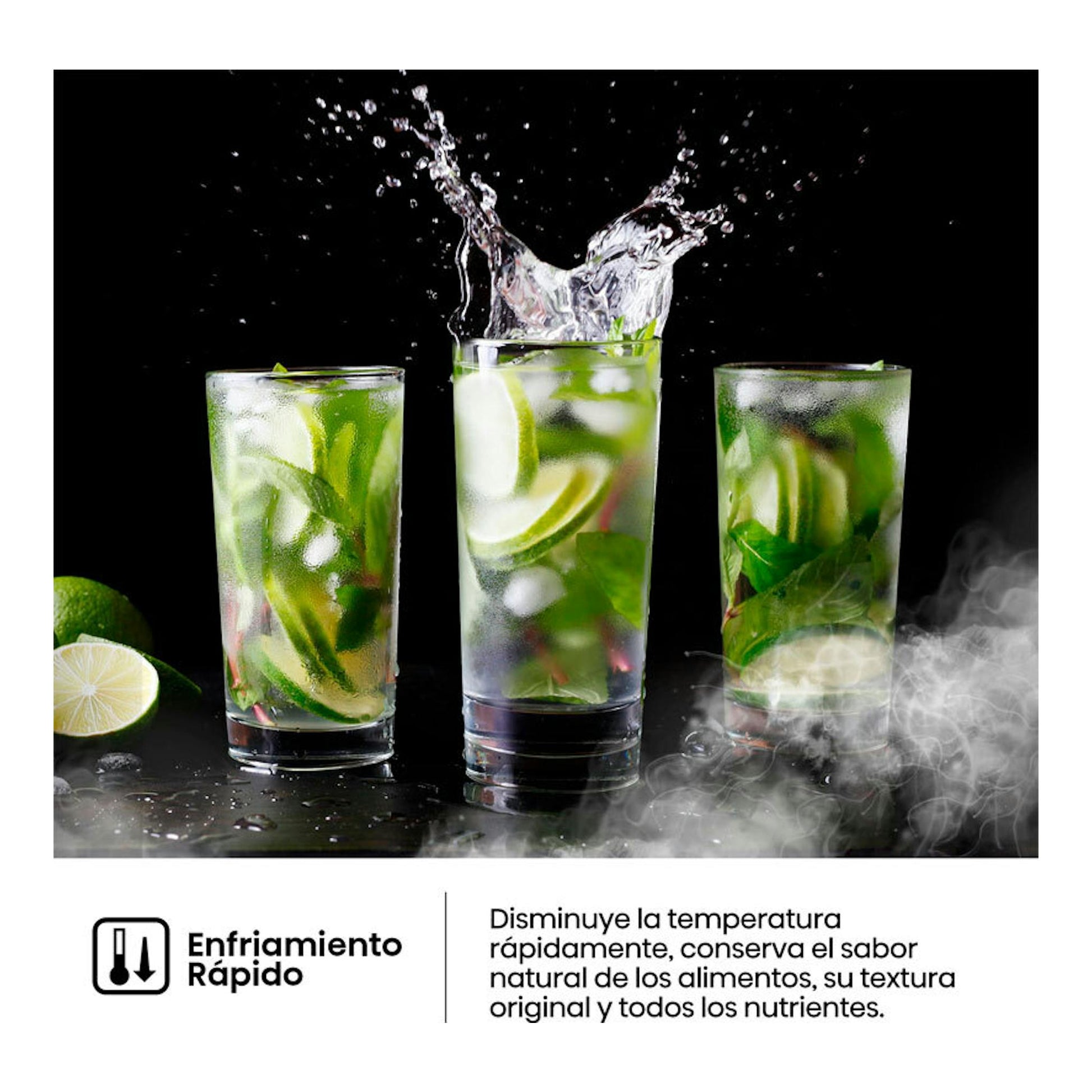 Tres vasos con bebida y hielo sobre fondo negro; salpicadura, vapor y texto de “Enfriamiento rápido”.
