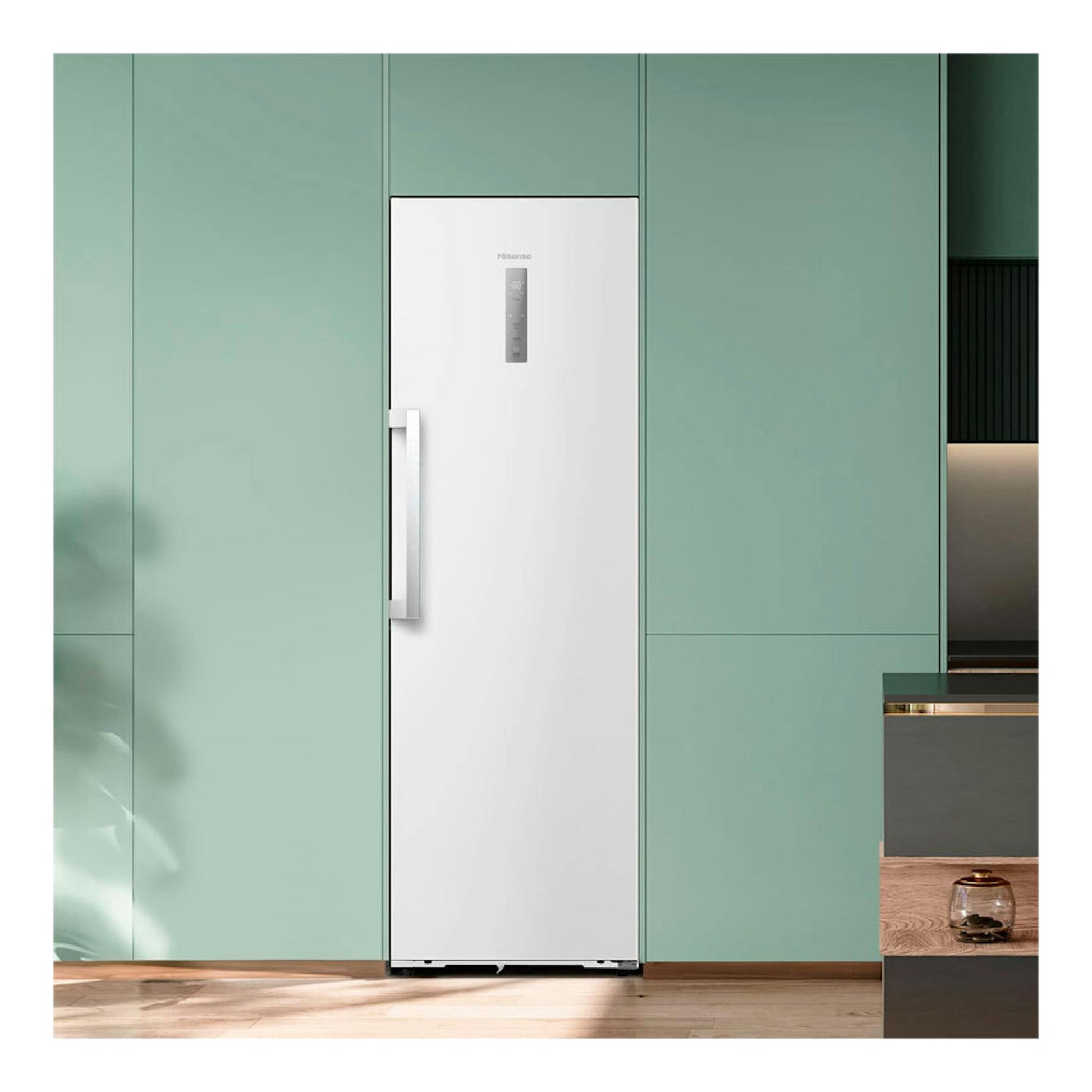 Frigorífico Hisense RL3K370SEWE1 blanco, vista frontal de una puerta, entre muebles verdes.