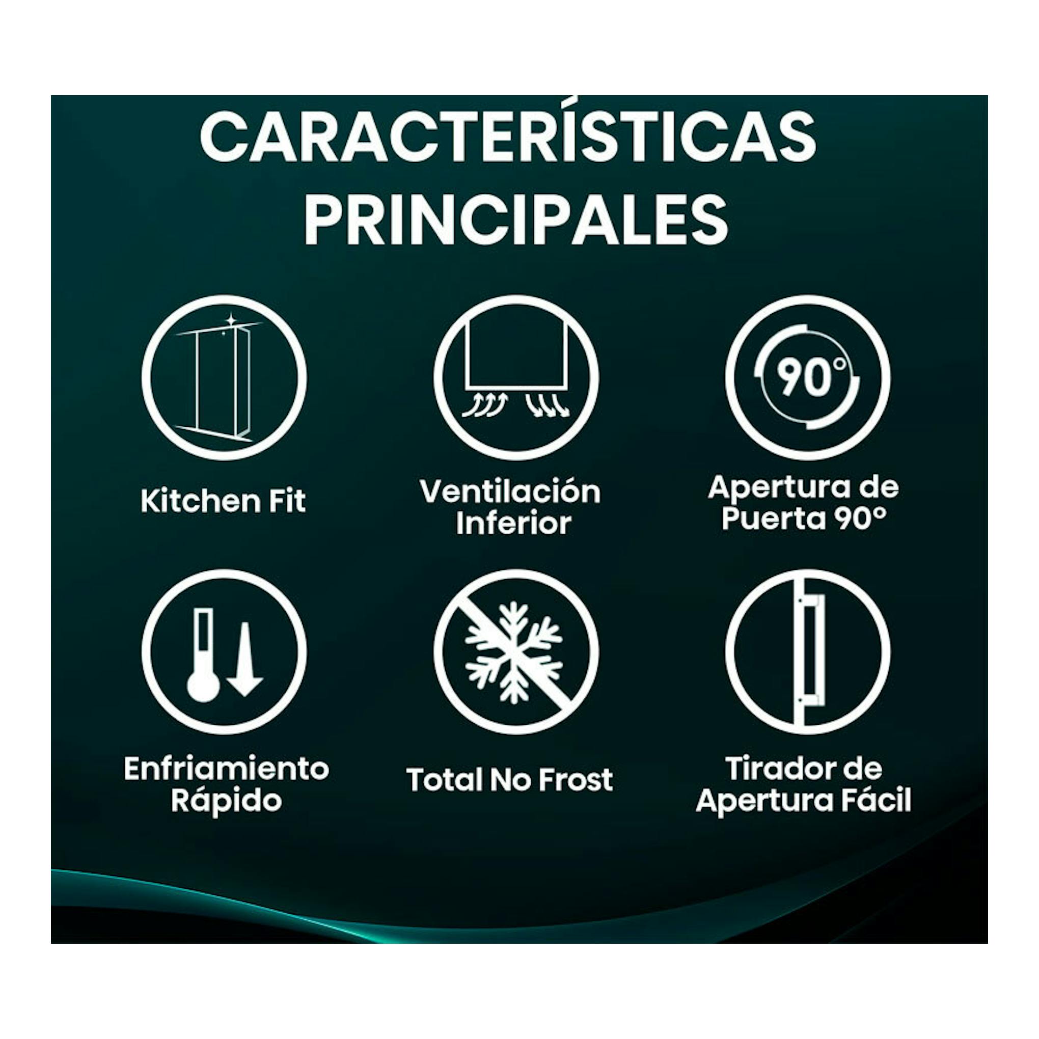 Gráfico de características del frigorífico Hisense RL3K370SEWE1 blanco: Kitchen Fit, No Frost, puerta 90°.