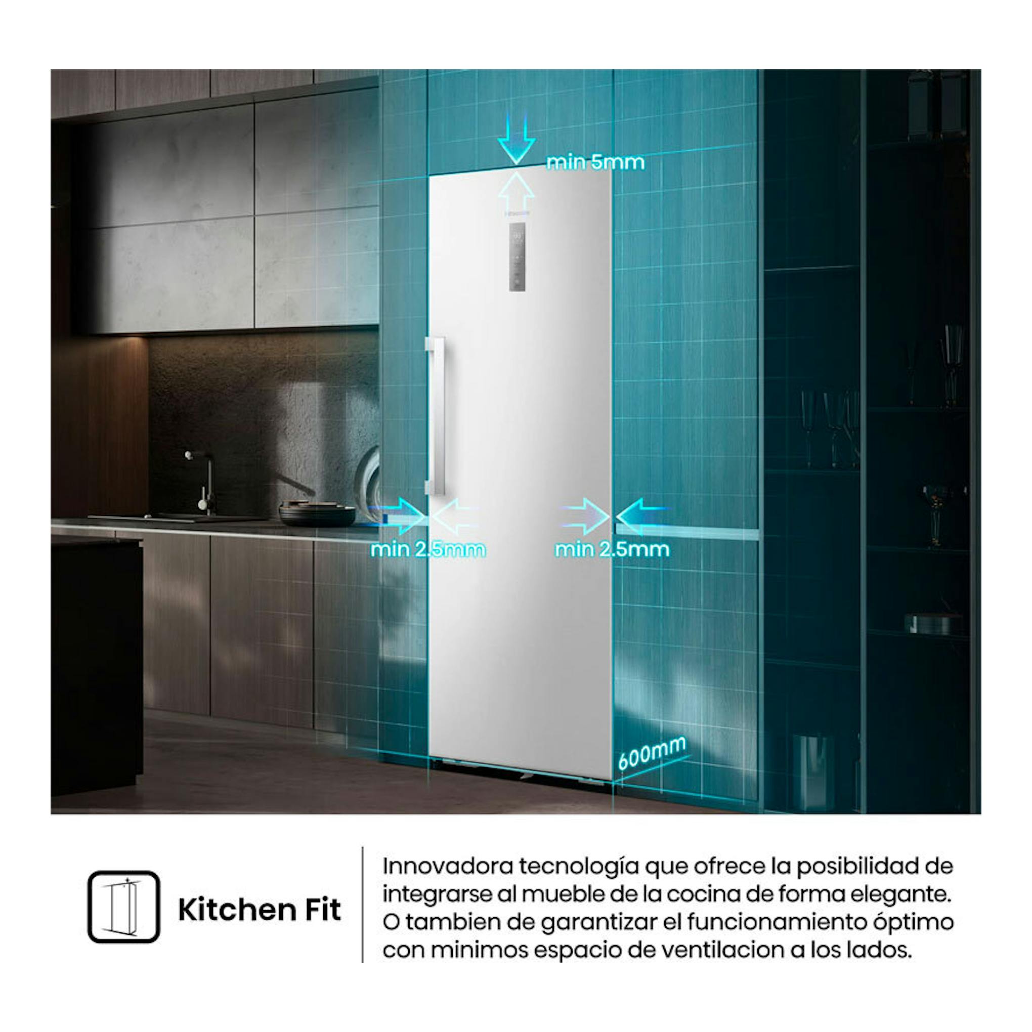 Frigorífico Hisense RL3K370SEWE1 blanco, vista frontal en cocina, integrado entre muebles.