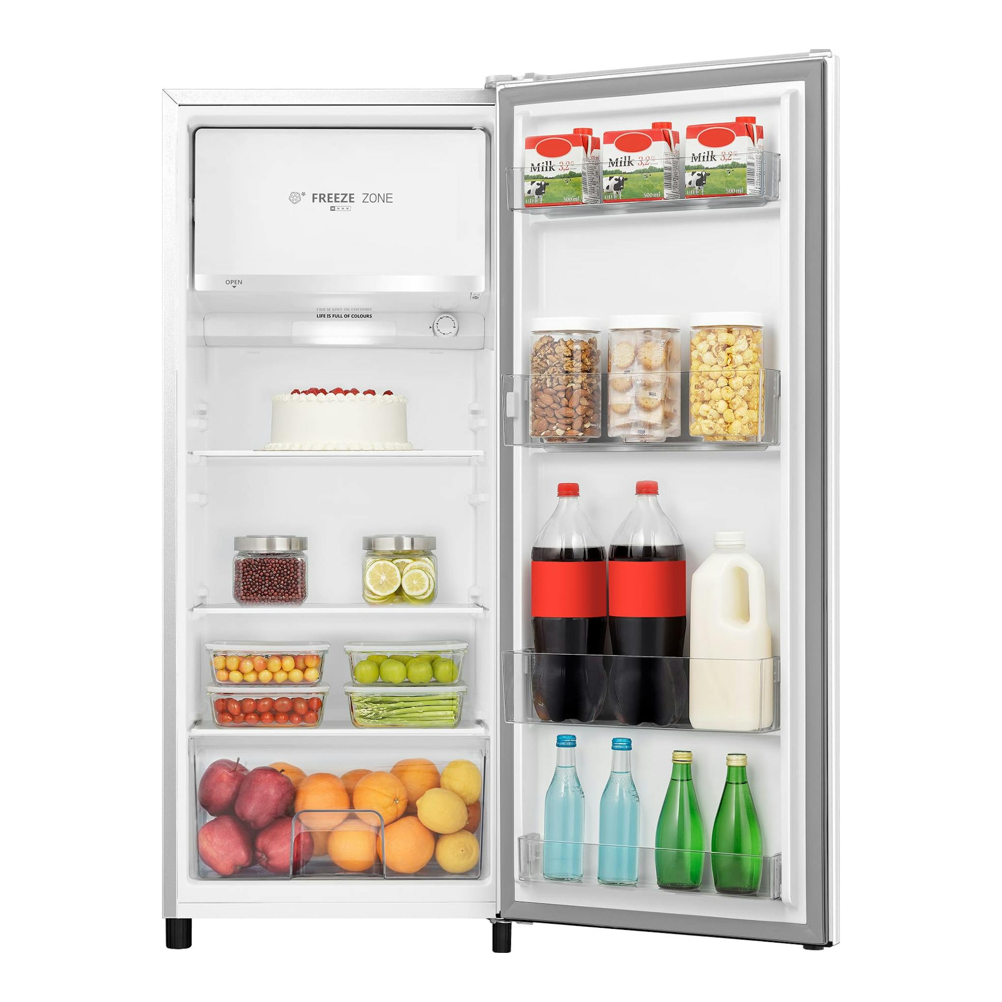 Frigorífico Hisense RR220D4BWE blanco, con la puerta abierta y vista frontal del interior.
