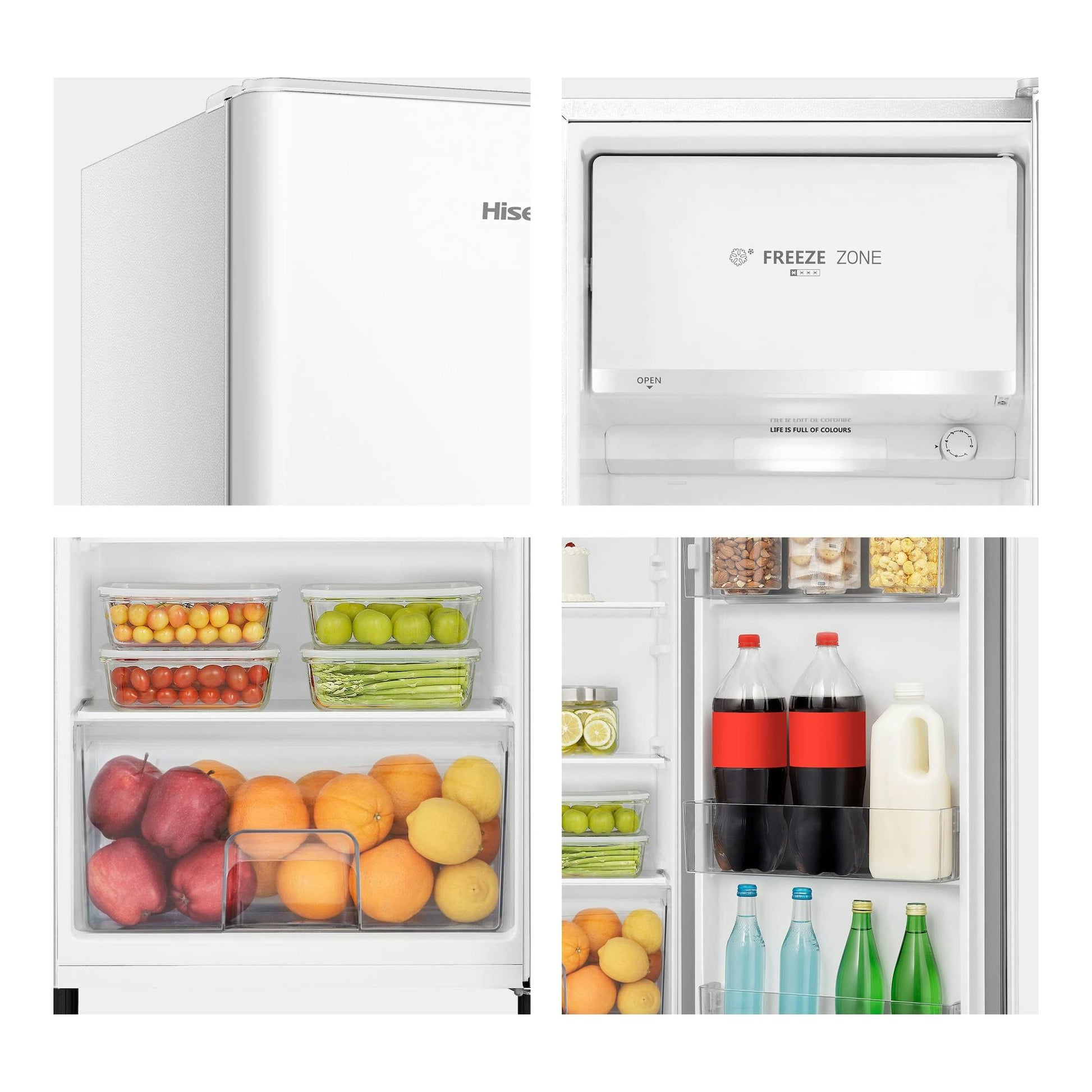 Frigorífico blanco Hisense RR220D4BWE de una puerta, vista frontal e interior con cajón Freeze Zone.