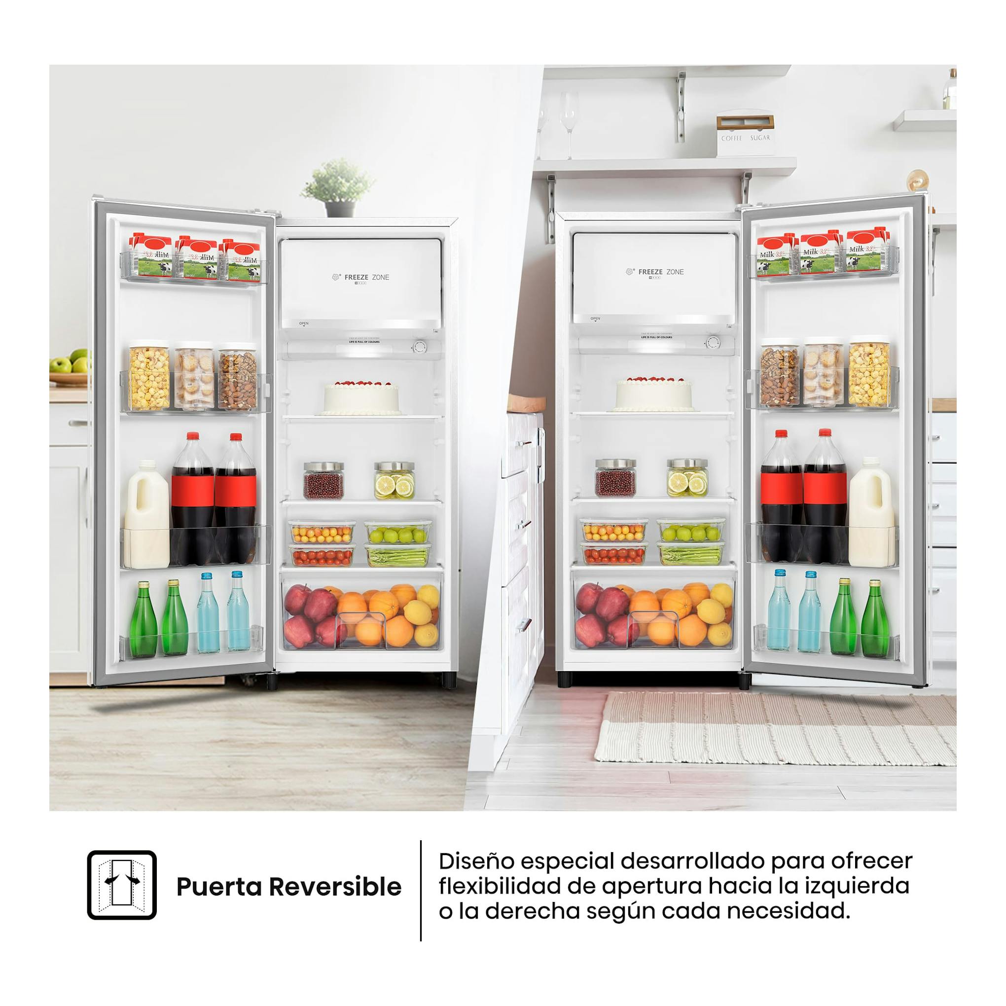 Frigorífico Hisense RR220D4BWE blanco, puerta abierta, vista frontal con interior y estantes llenos.