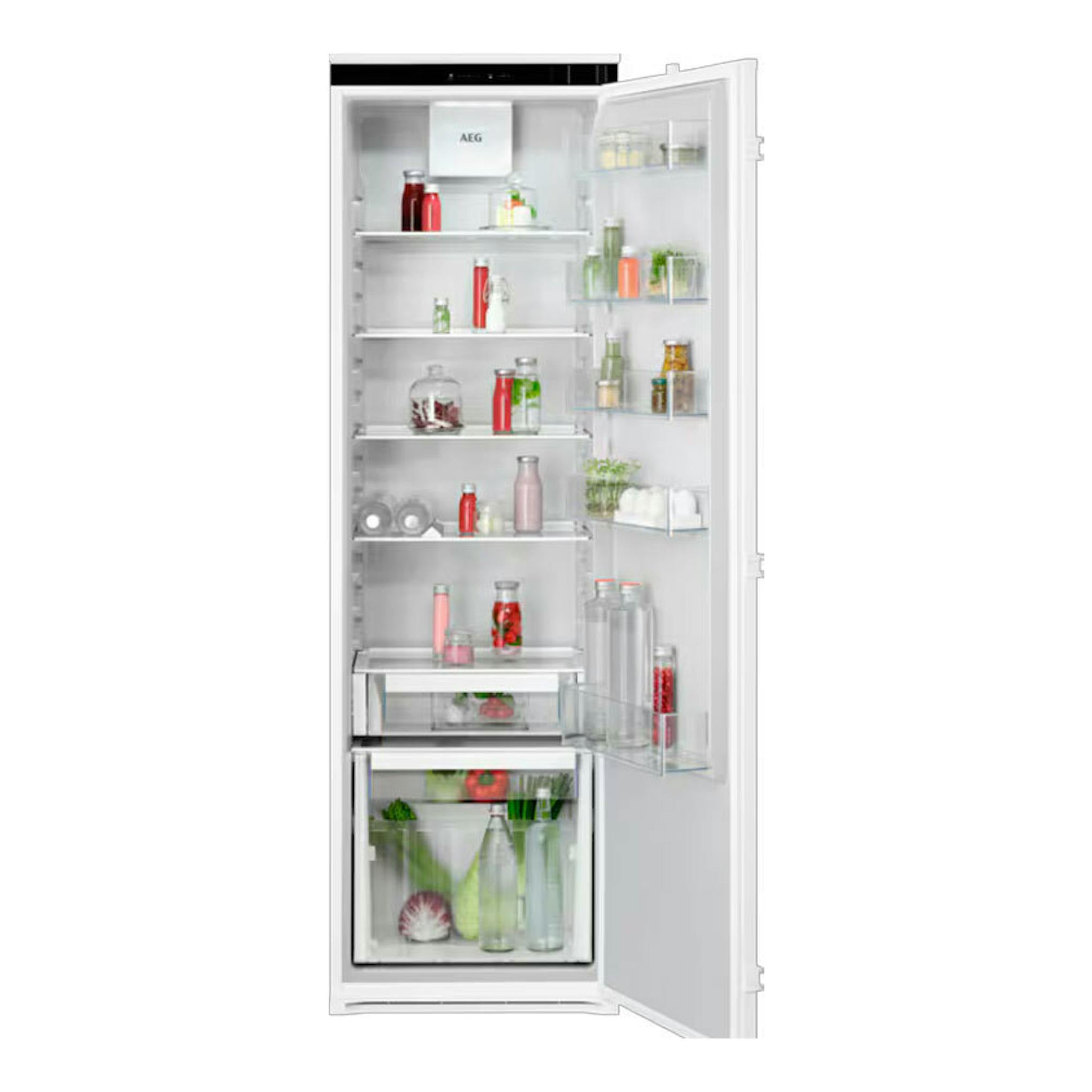 Frigorífico integrable AEG TK6DS181ES, vista frontal con puerta abierta a la derecha, interior blanco.