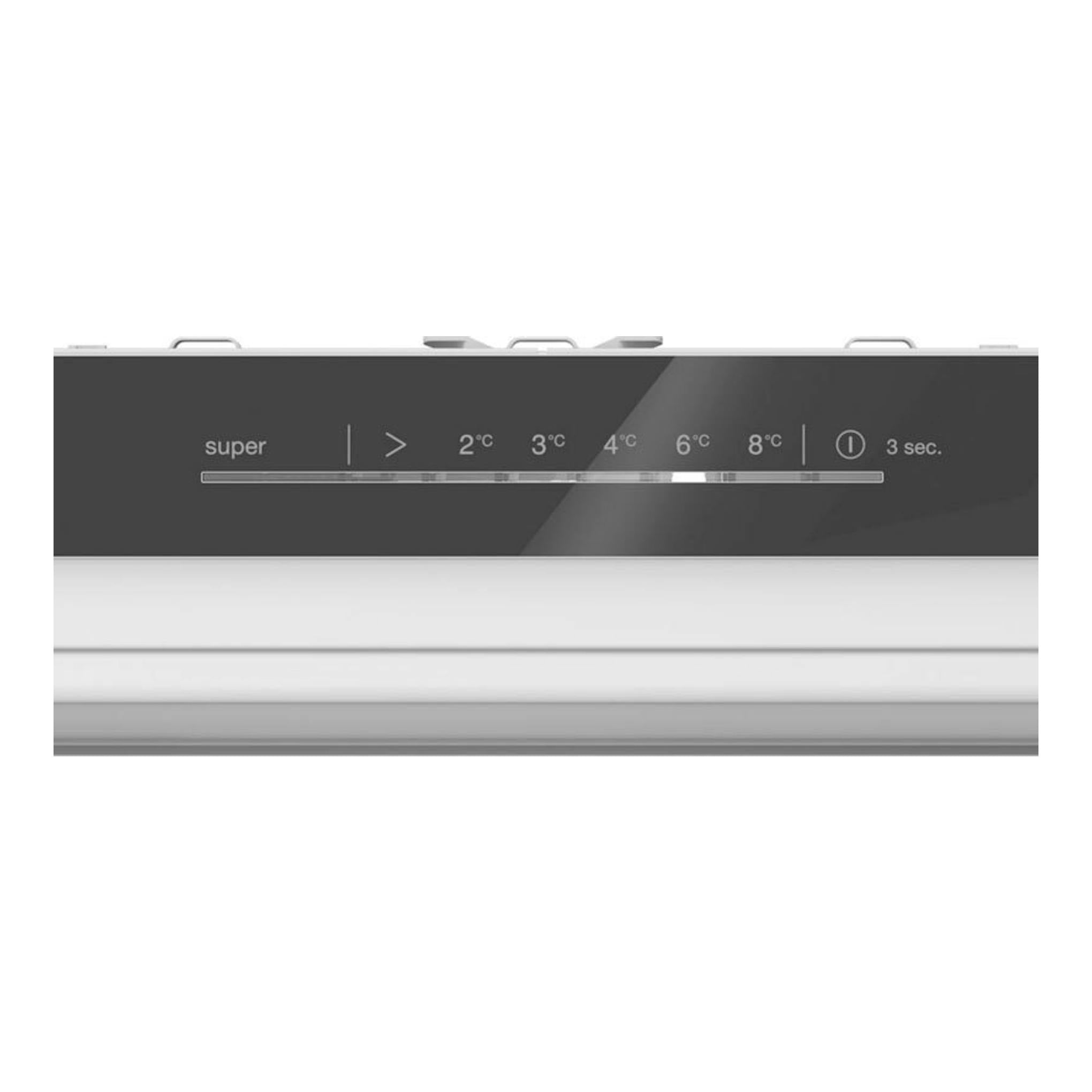 Bosch KIL82VFE0, frigorífico integrable blanco, vista frontal parcial con panel de control superior.