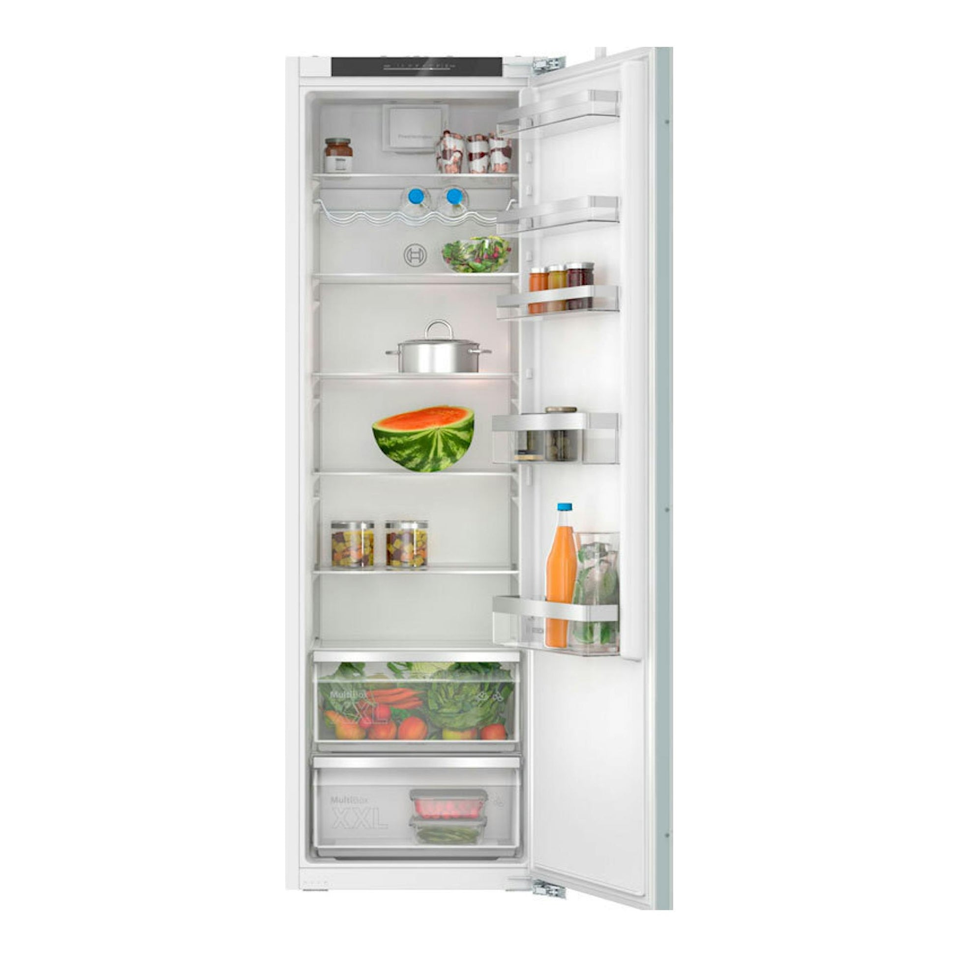 Frigorífico integrable Bosch KIR81VFE0 abierto, vista frontal, interior blanco con estantes y cajones.