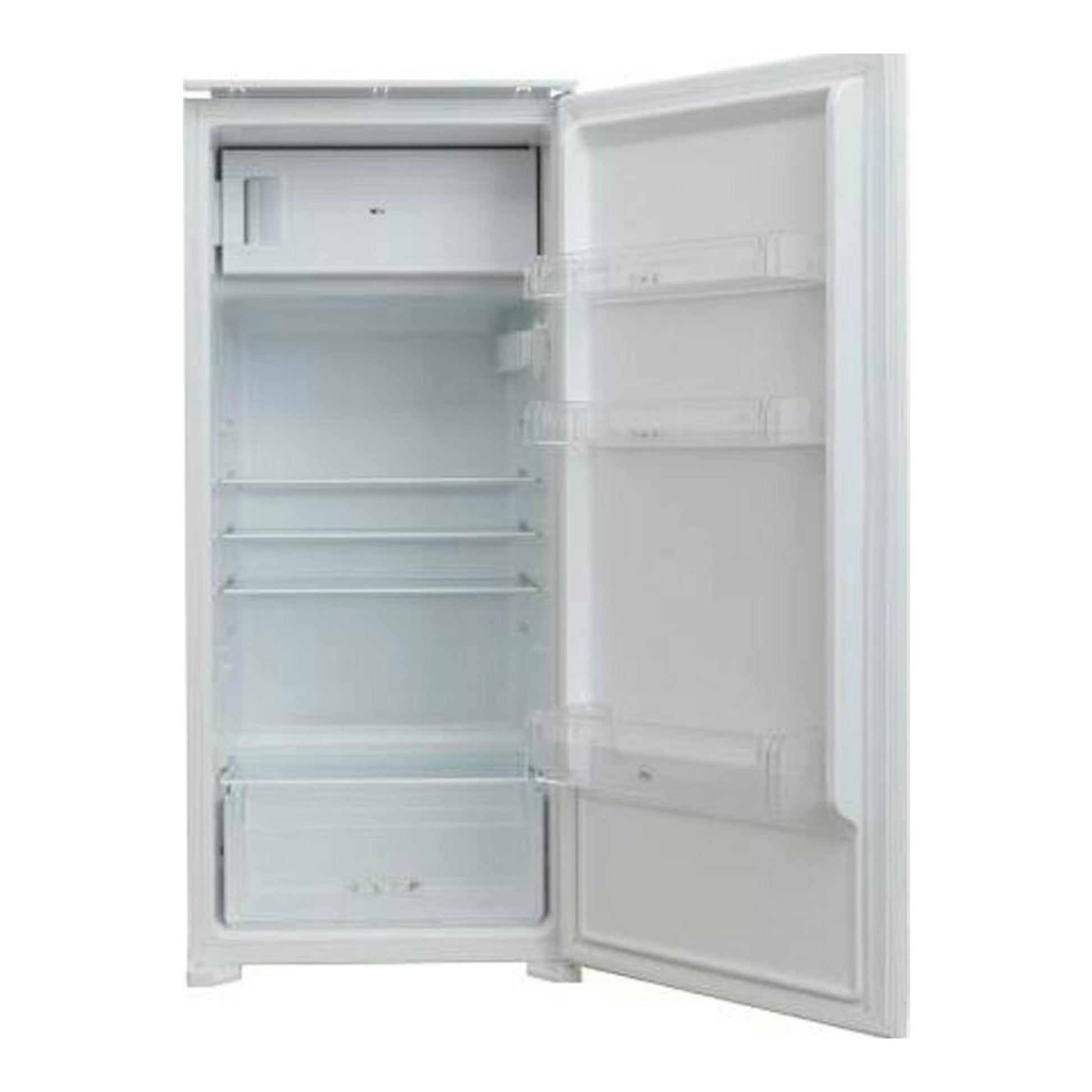 Frigorífico integrable Exquisit EKS 201-4-E-040E blanco, vista frontal con la puerta abierta.