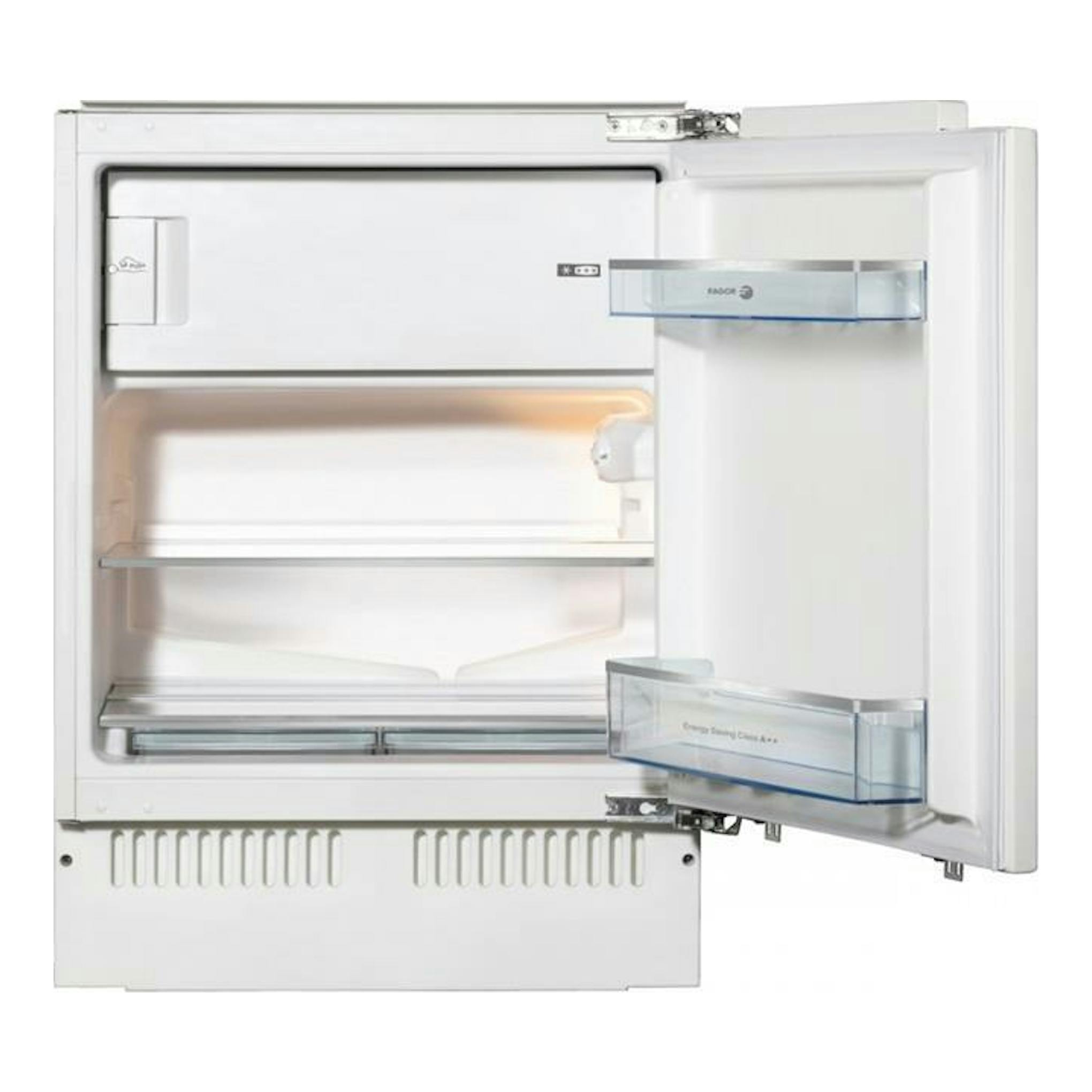 Frigorífico integrable Fagor 3FIS844 blanco, vista frontal con la puerta abierta.