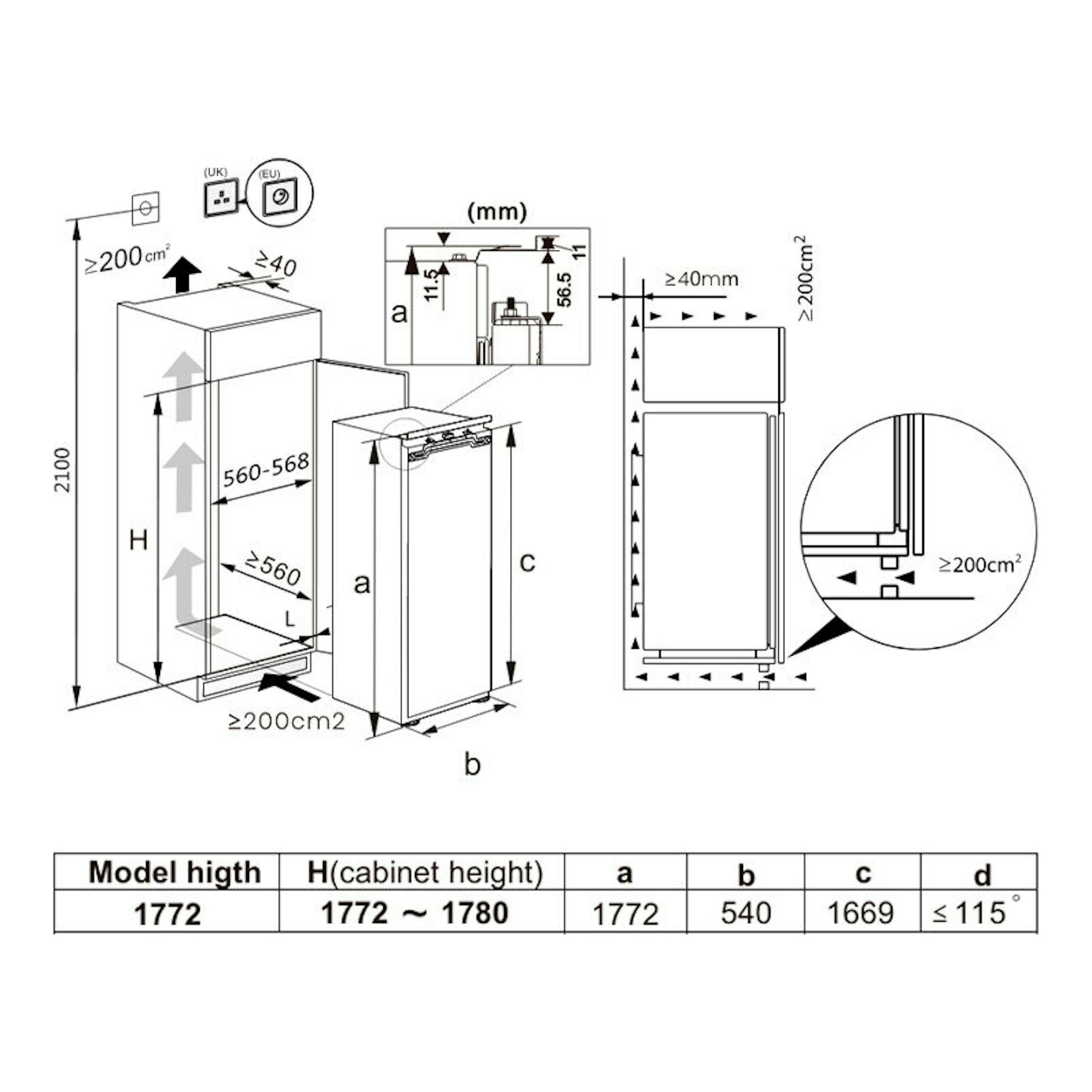 Diagrama técnico en blanco y negro de instalación de frigorífico integrable Hisense RL3B303SAWE, con medidas.
