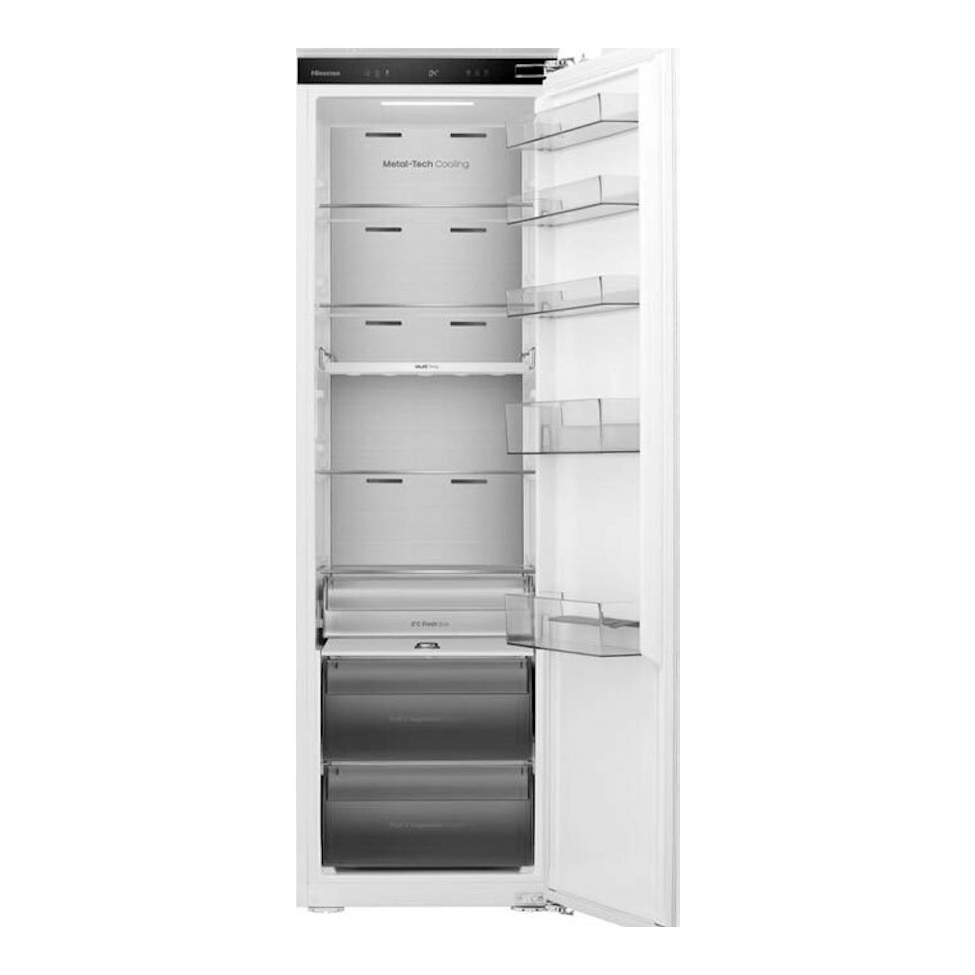 Frigorífico integrable Hisense RL3B303SAWE, vista frontal, puerta blanca abierta a la derecha e interior visible.