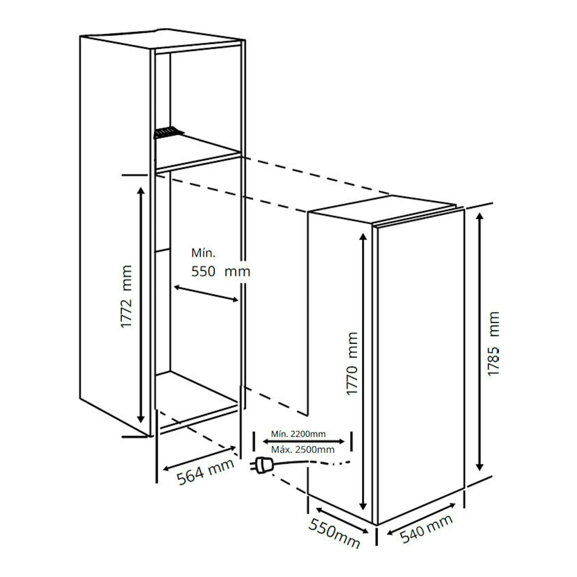 Diagrama técnico en blanco y negro del frigorífico integrable Teka RSL73385FI con medidas y vista frontal.