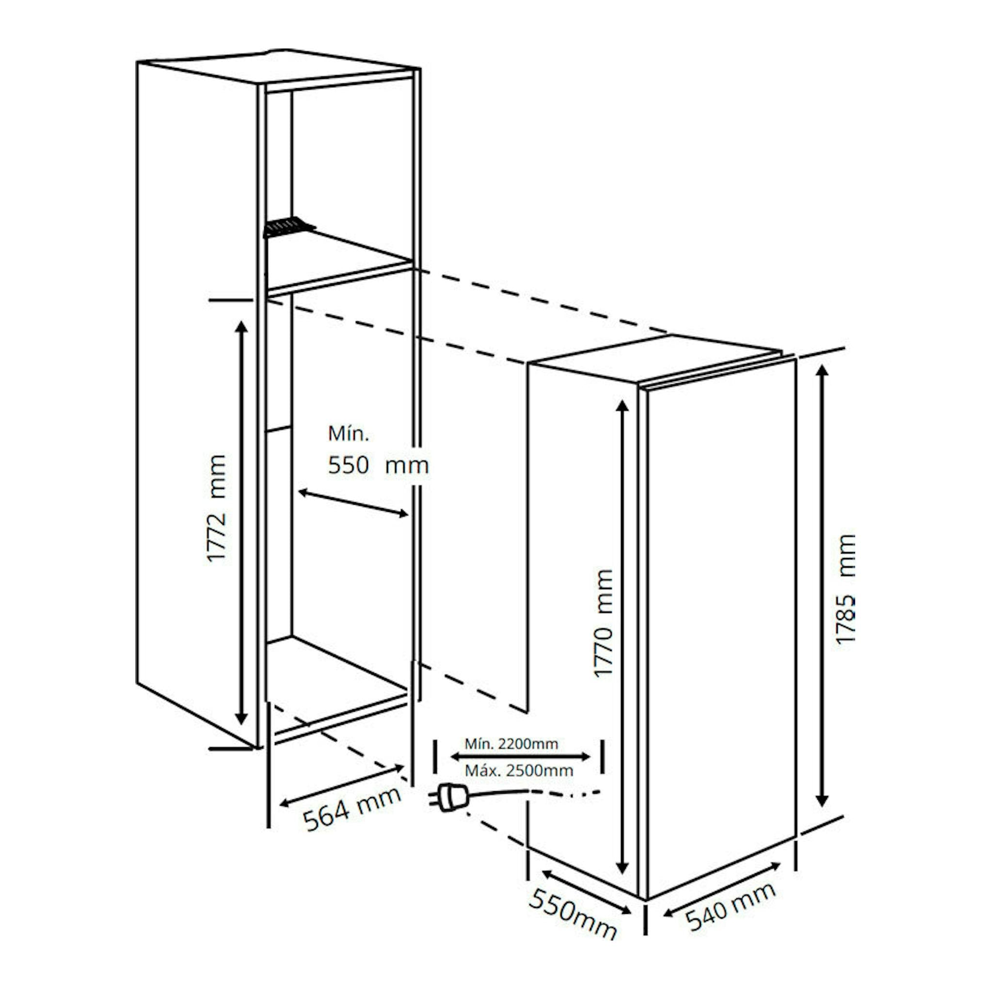 Diagrama técnico en blanco y negro del frigorífico integrable Teka RSL73385FI con medidas y vista frontal.