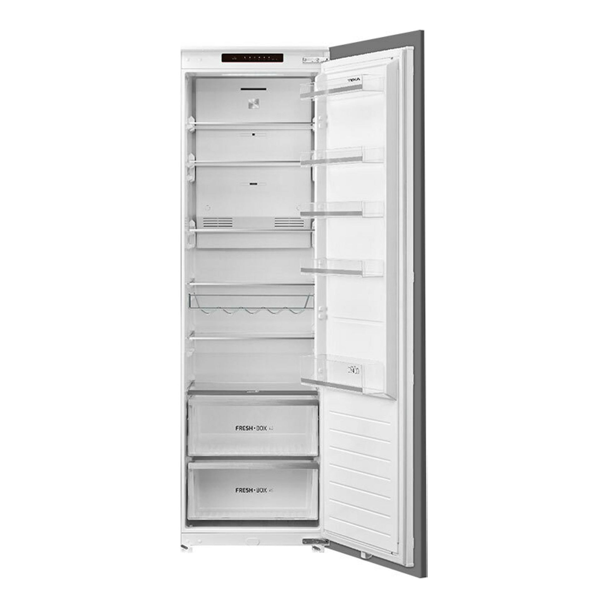 Frigorífico integrable Teka RSL73385FI de una puerta, vista frontal con la puerta abierta e interior blanco.
