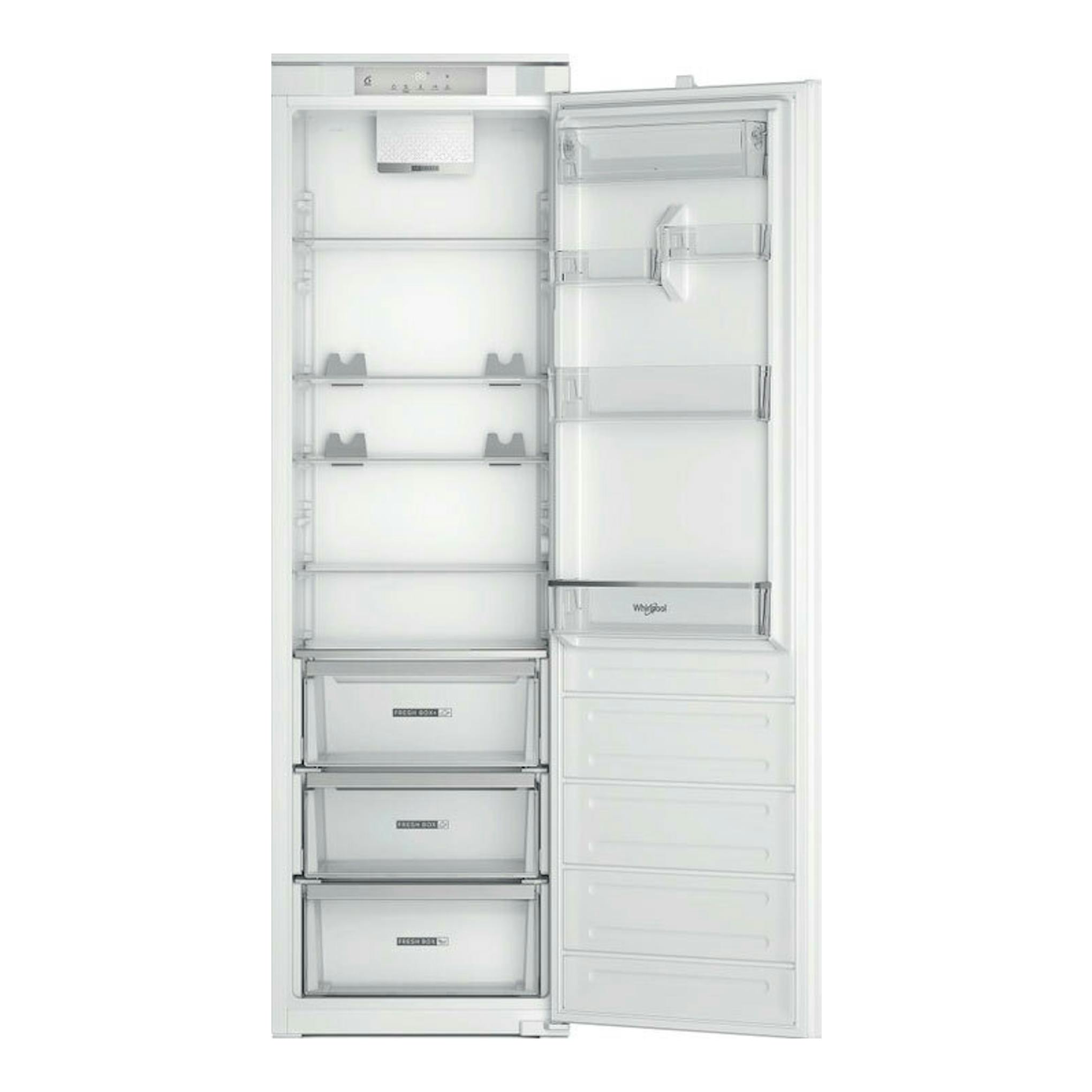Frigorífico integrable Whirlpool WHSD18A013C1, vista frontal con la puerta abierta e interior blanco con baldas y cajones.