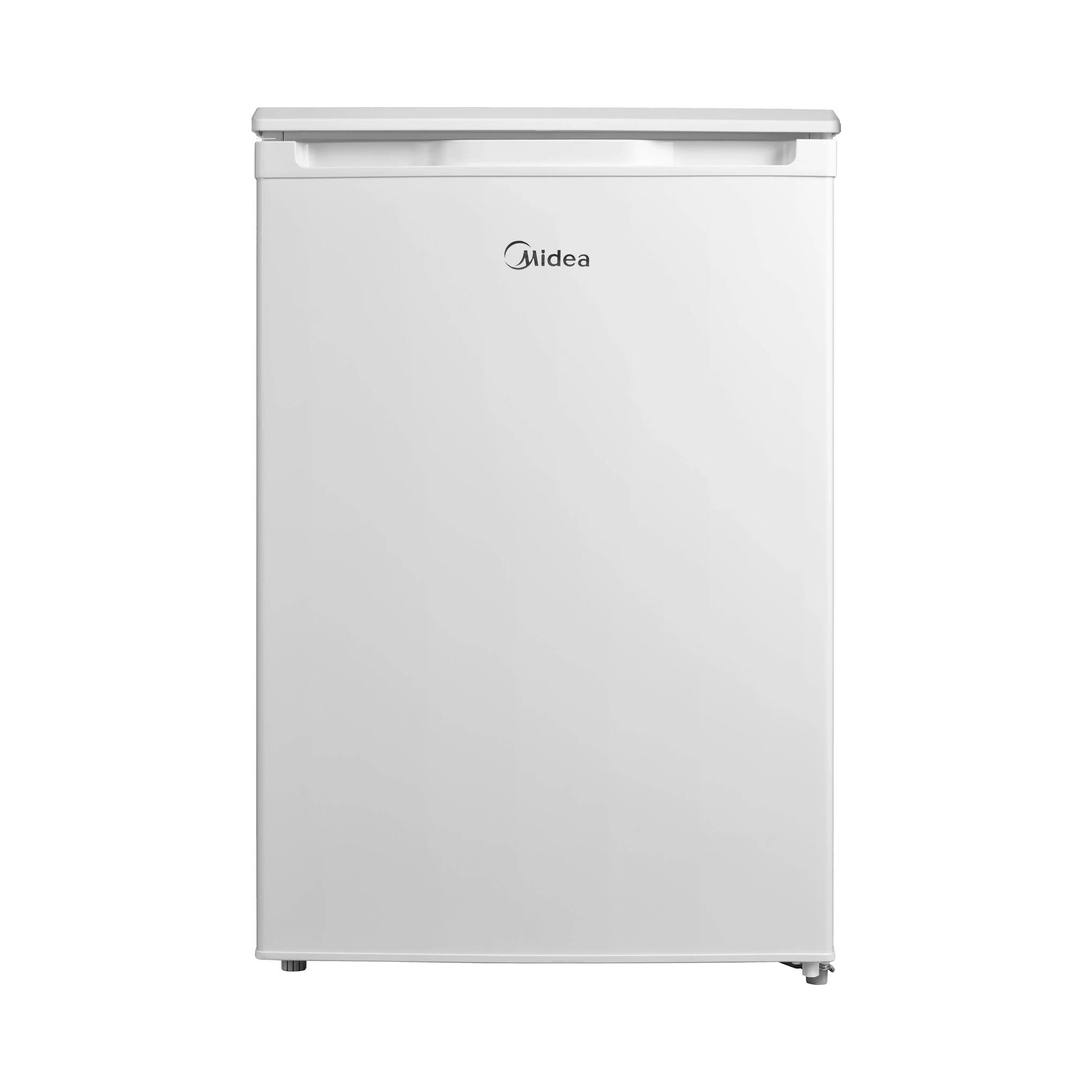 Frigorífico Midea MDRD168FGE01 blanco, vista frontal sobre fondo blanco.