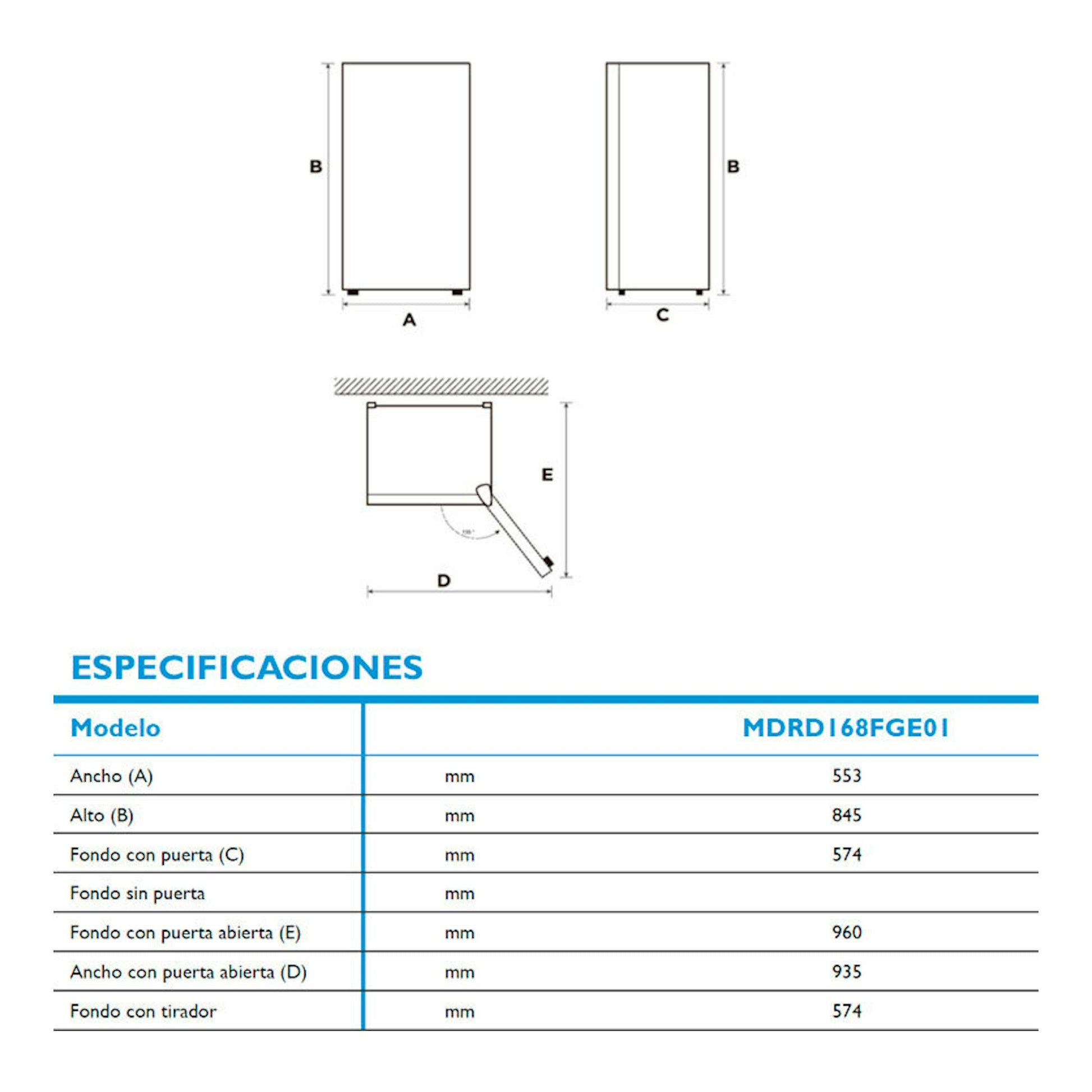 Diagrama de medidas del frigorífico Midea MDRD168FGE01 en vista frontal y lateral, con puerta abierta.