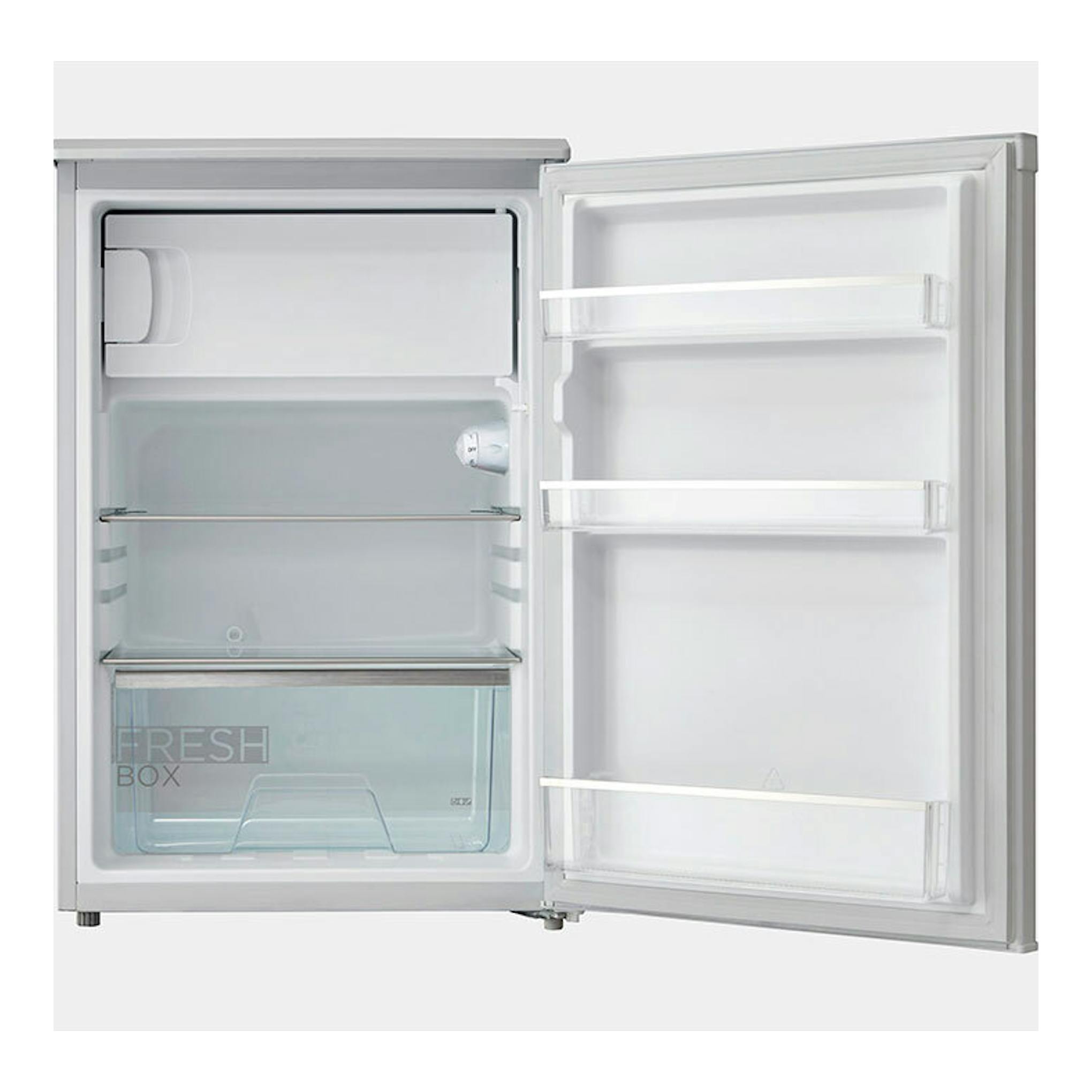 Frigorífico Midea MDRD168FGE01 blanco, puerta única abierta, vista frontal del interior.