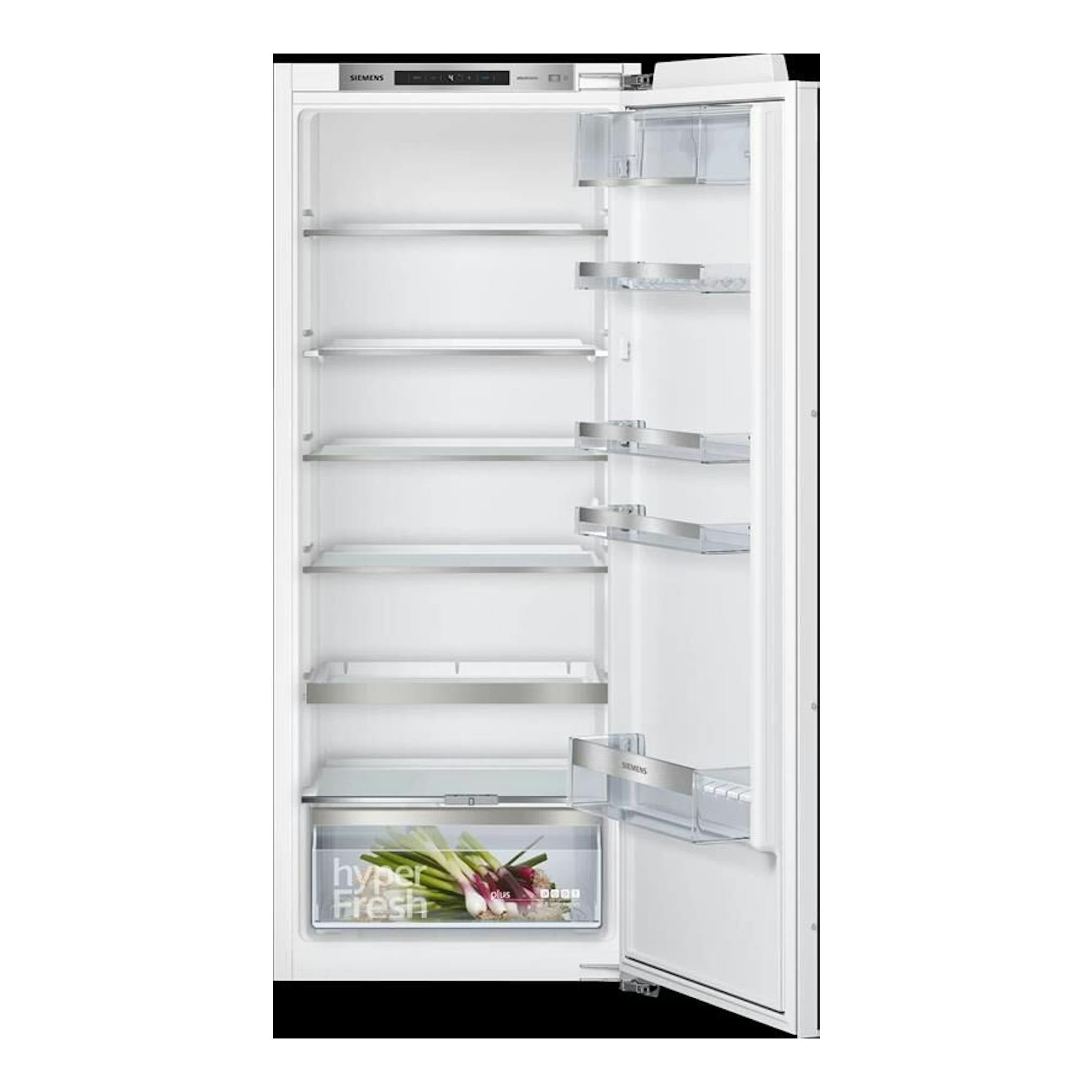 Vista frontal de frigorífico Siemens KI51RADF0 blanco, puerta abierta, interior con baldas de vidrio y cajón HyperFresh.