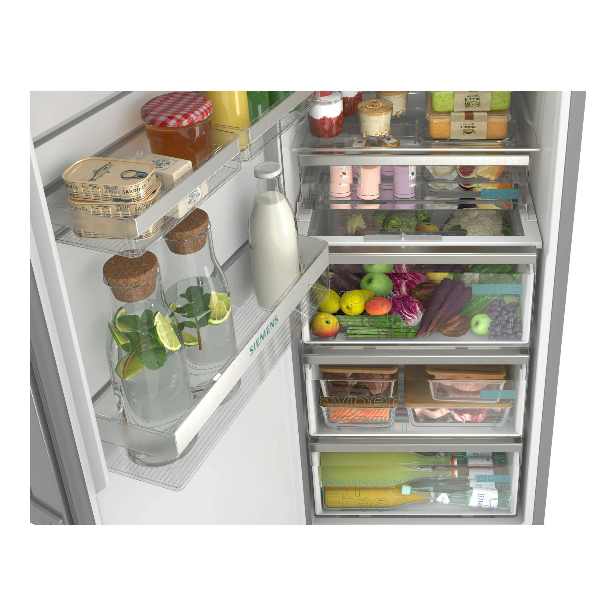 Interior frontal de frigorífico Siemens KS36NVICG inox, con baldas, cajones y alimentos.