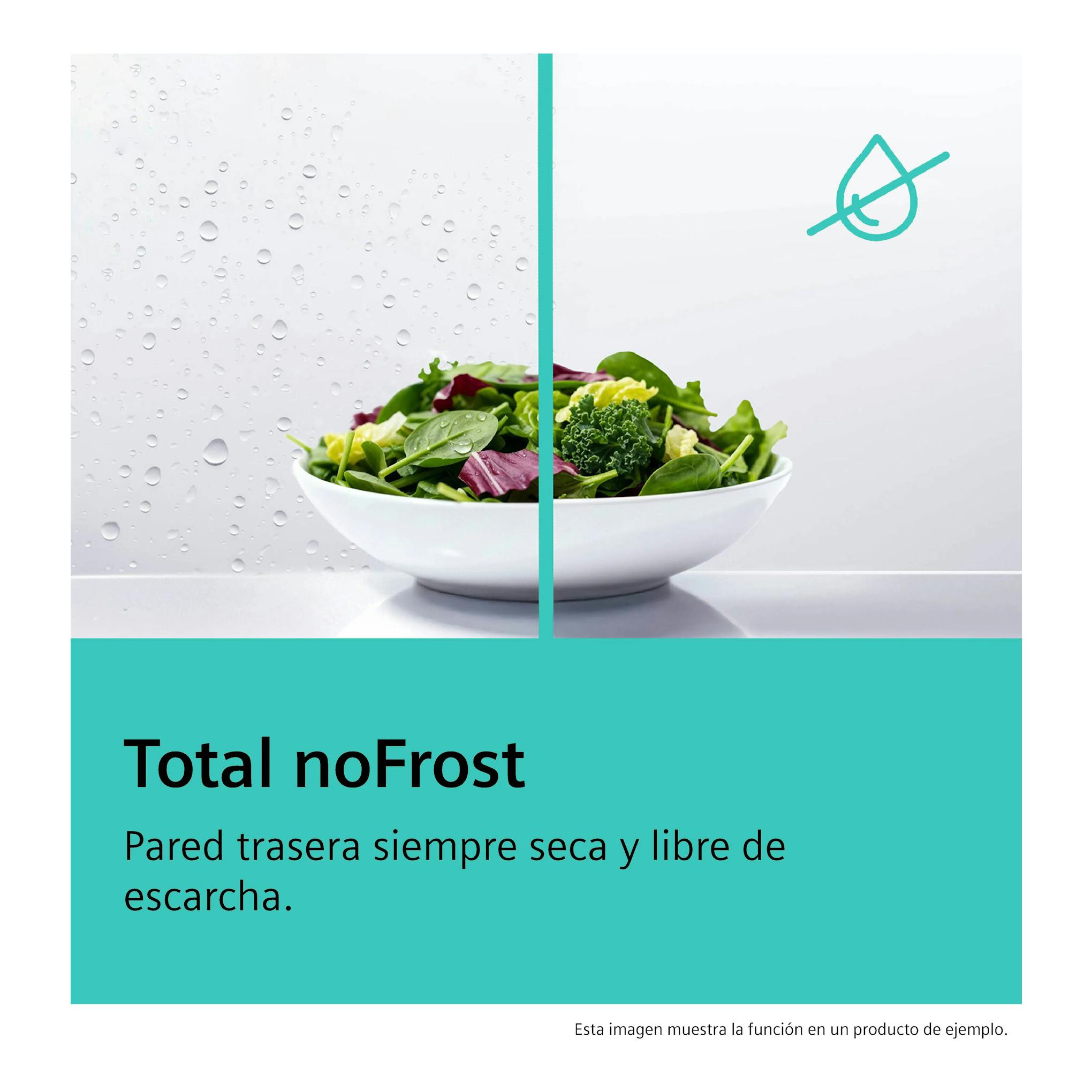 Siemens KS36NVICG: gráfico Total noFrost con un bol de ensalada y fondo blanco con gotas de agua.