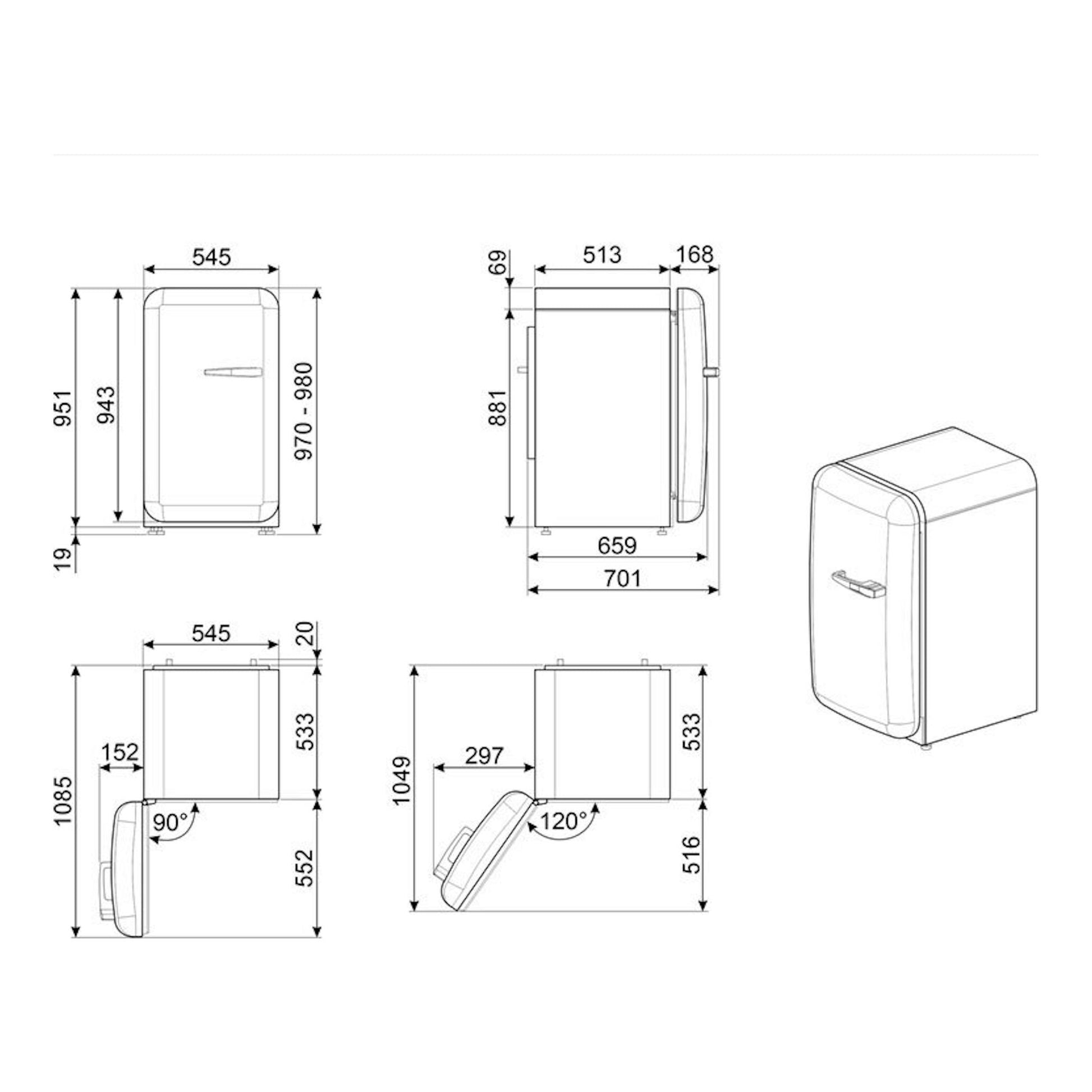 Frigorífico Smeg FAB10LBL6 negro, plano técnico con vistas frontal, lateral e isométrica y medidas.
