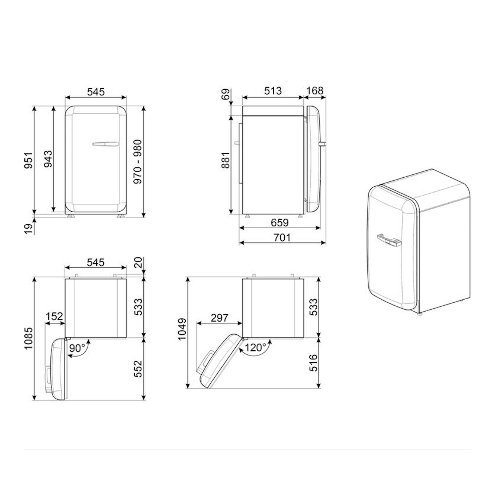 Frigorífico Smeg FAB10LCR6 crema, plano técnico con vistas frontal, lateral y 3/4 y medidas.